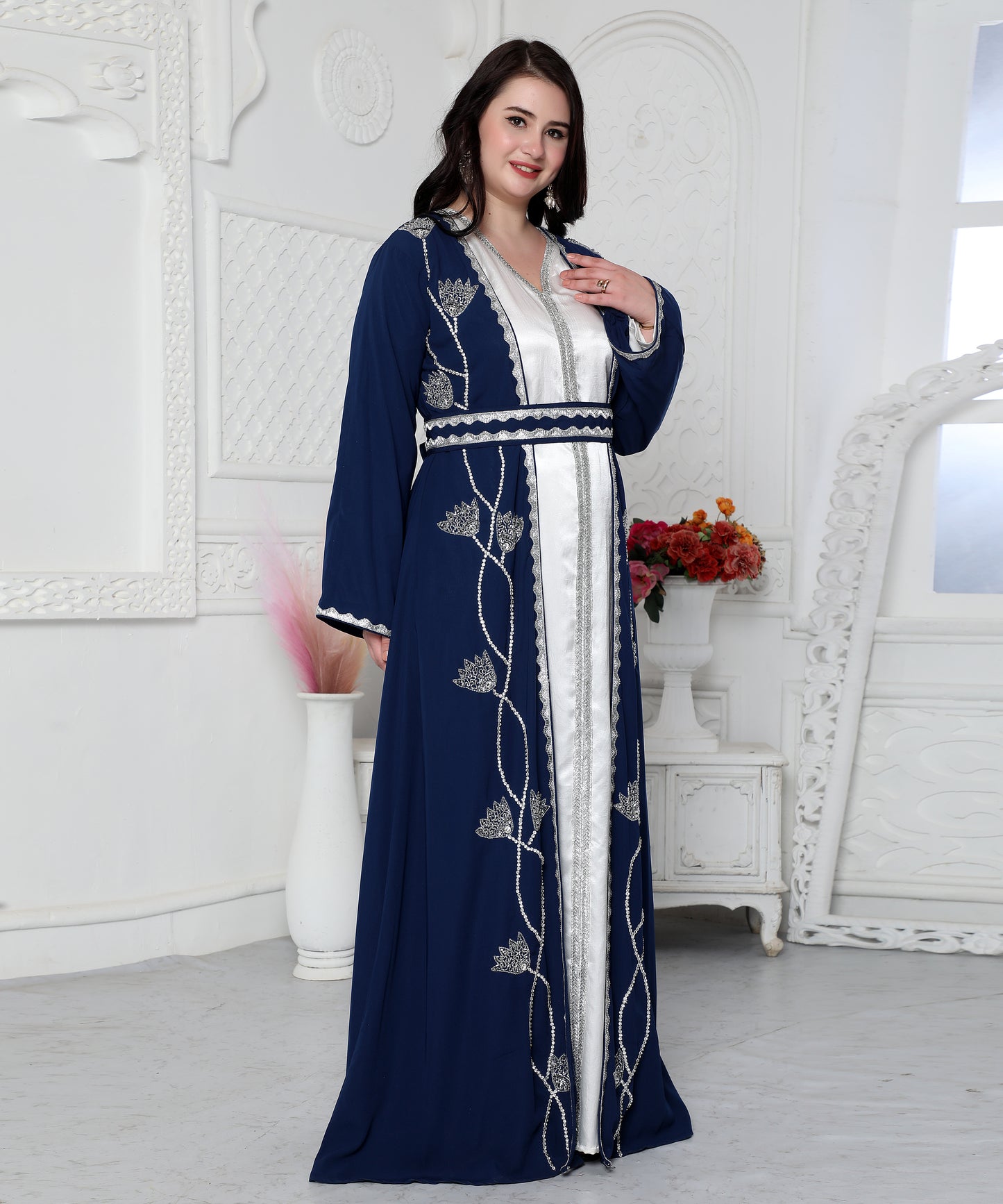 Royal Blue & Silver Embroidered Layered Kaftan
