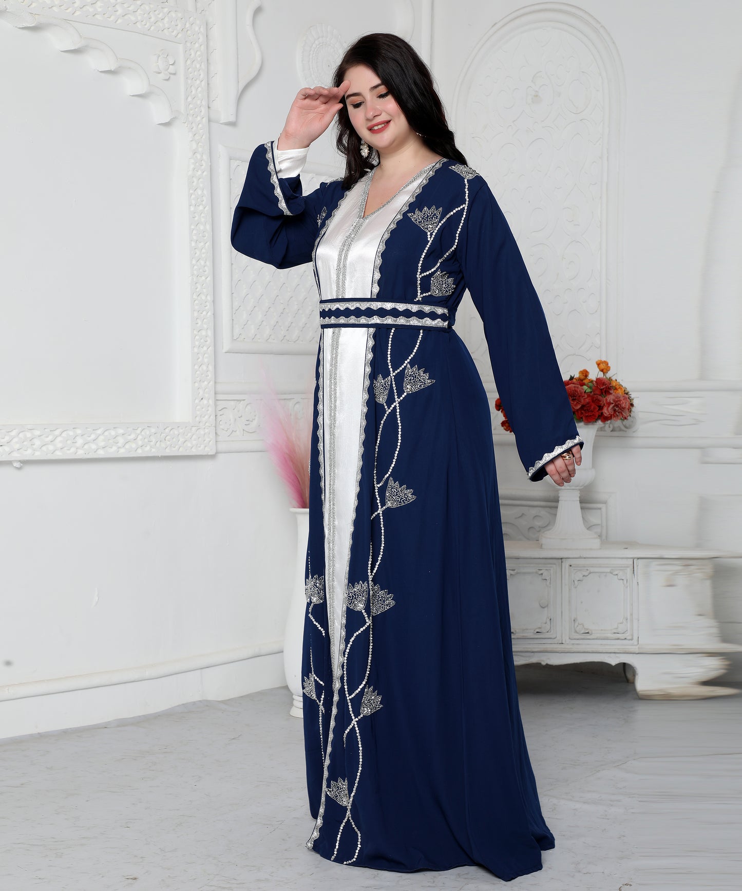 Royal Blue & Silver Embroidered Layered Kaftan