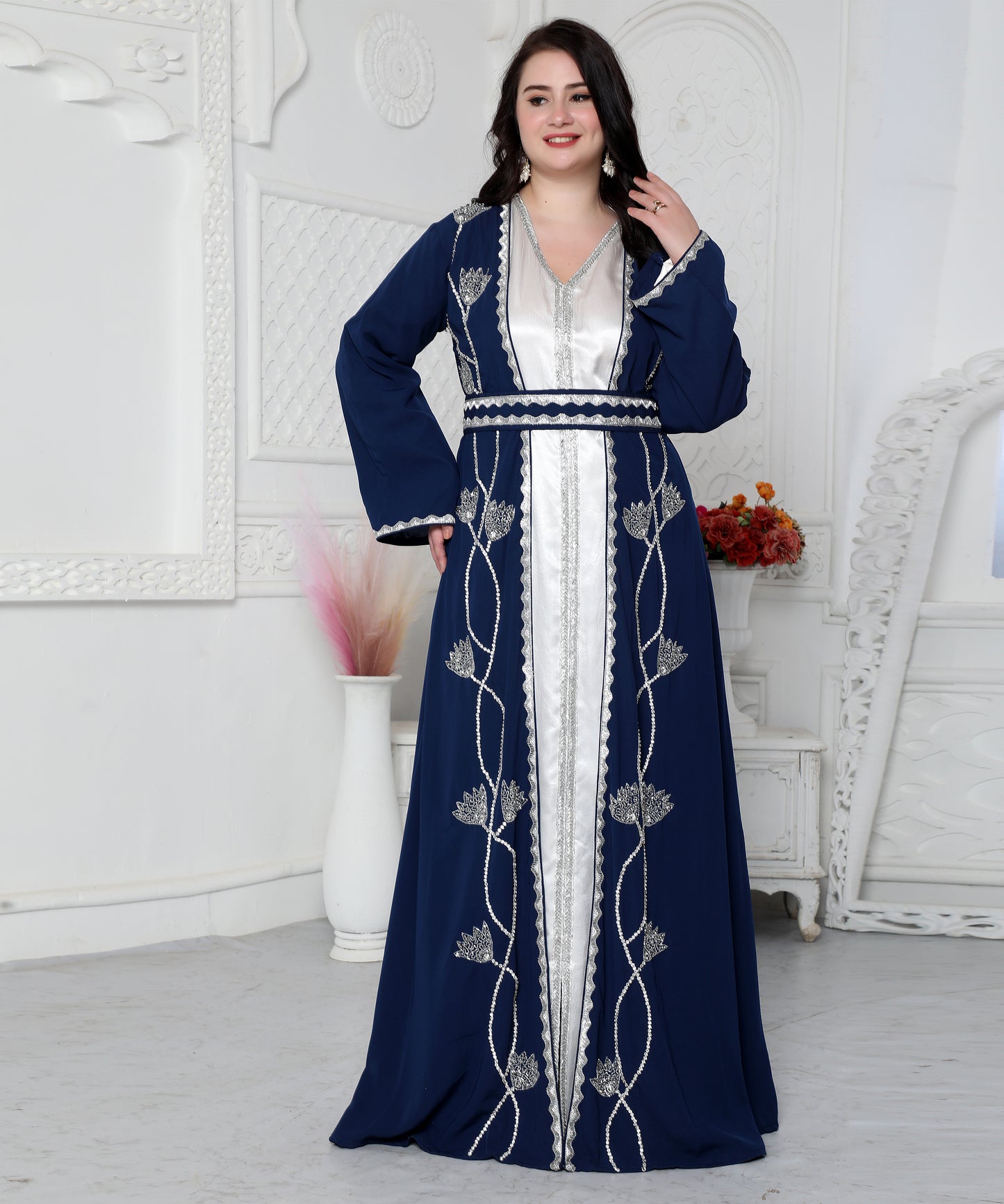 Royal Blue & Silver Embroidered Layered Kaftan