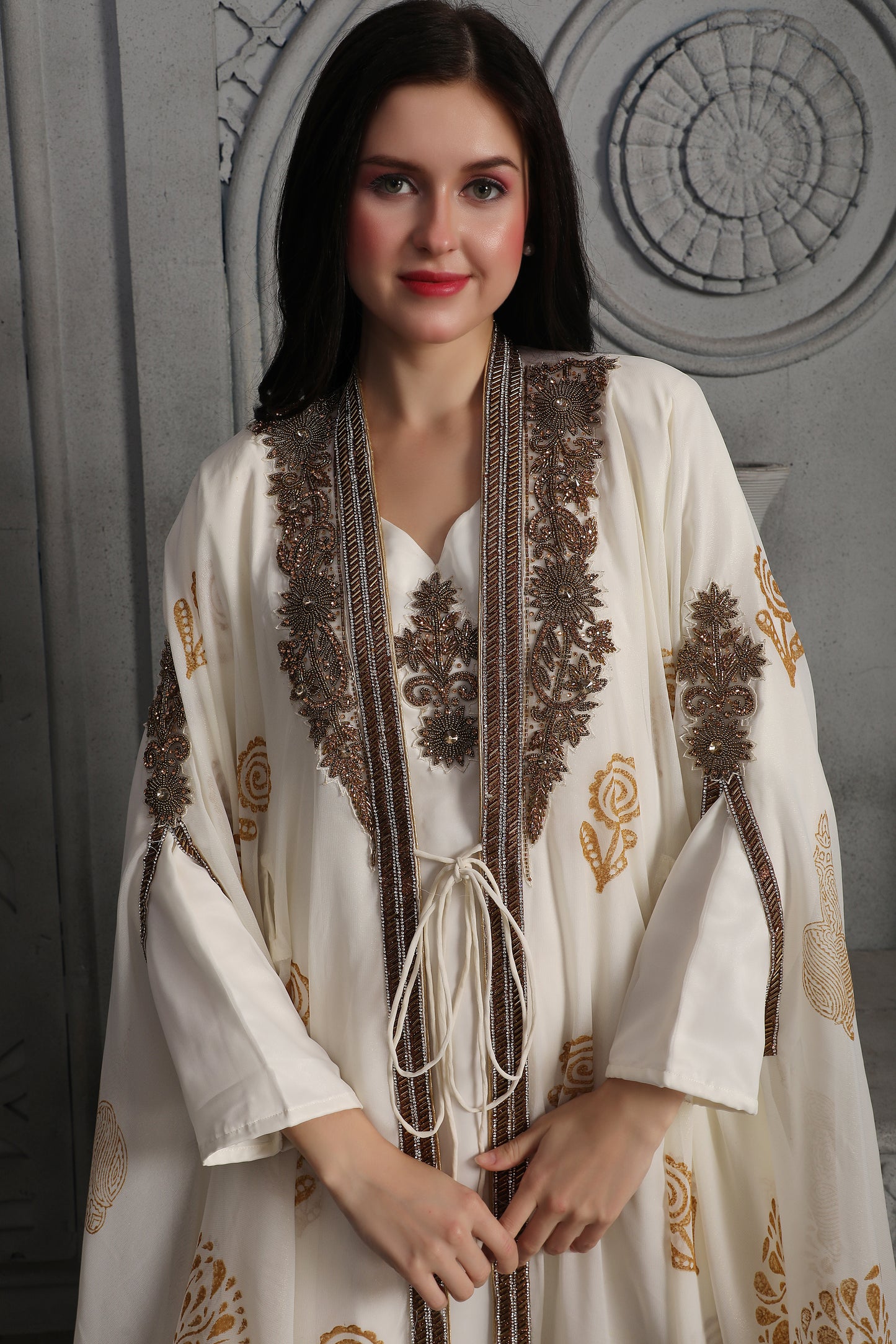 Statement Ivory Abaya with Embroidered Border & Printed Overlay