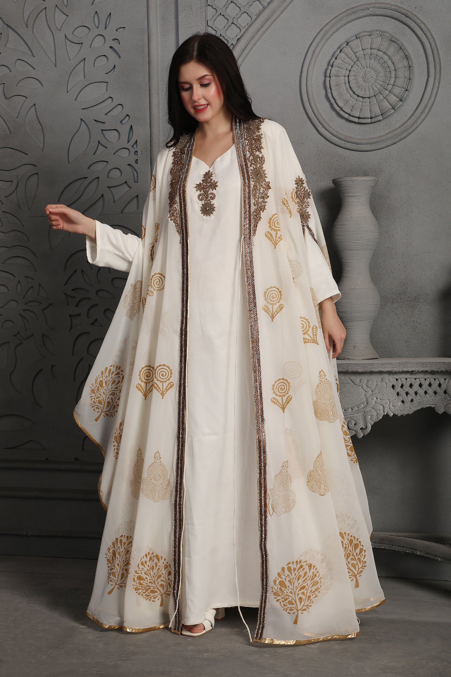 Statement Ivory Abaya with Embroidered Border & Printed Overlay