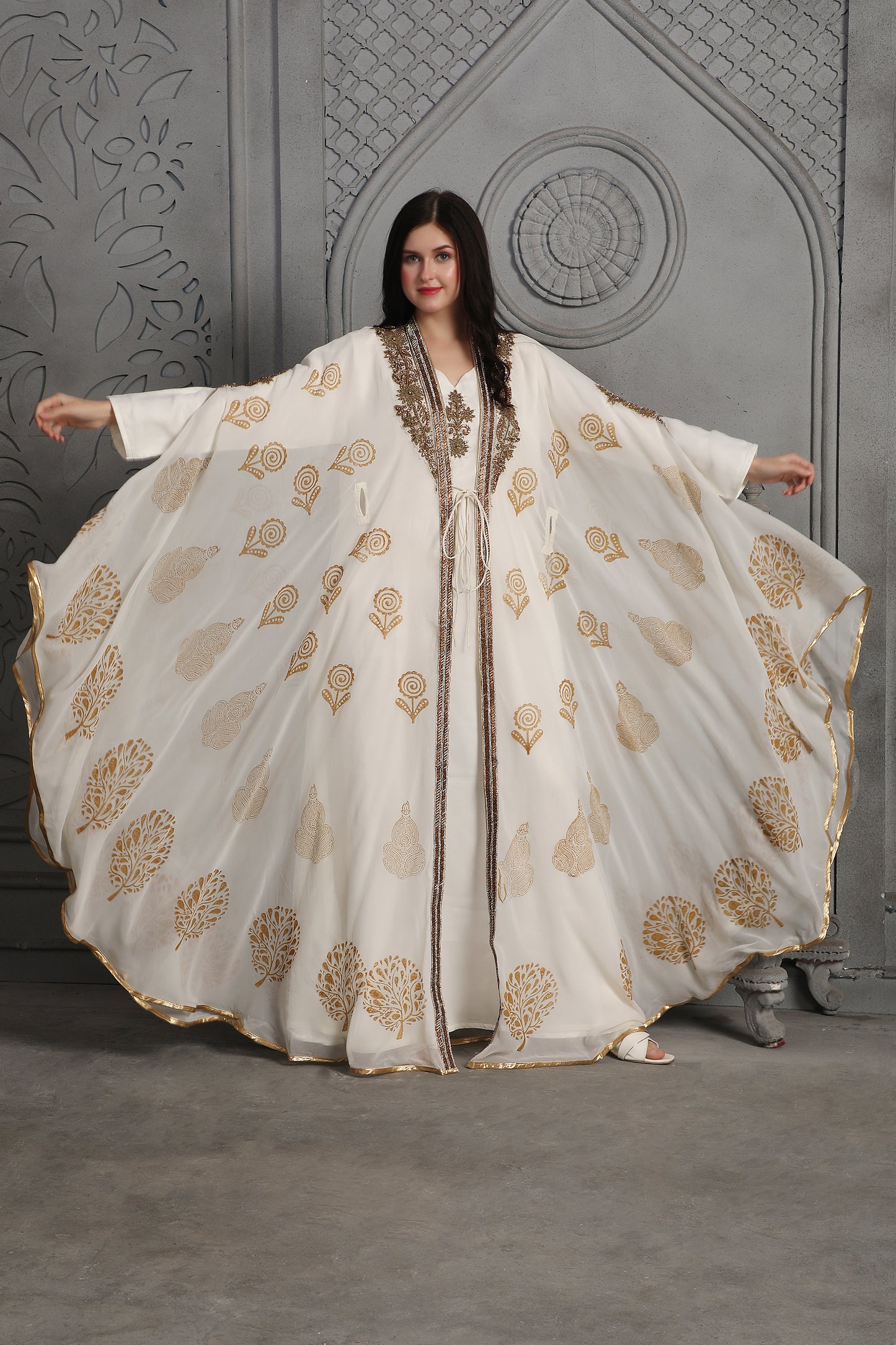 Statement Ivory Abaya with Embroidered Border & Printed Overlay