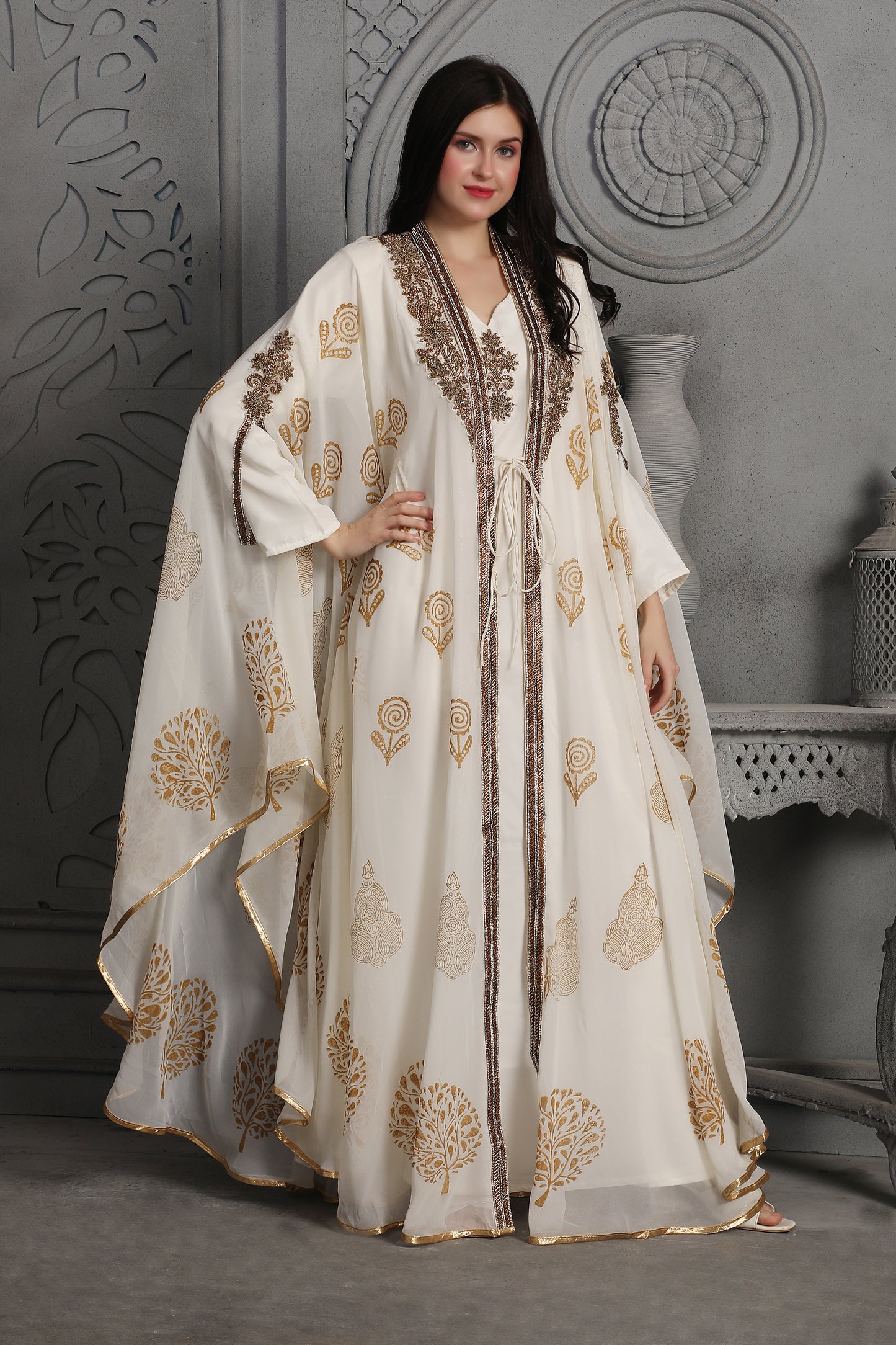 Statement Ivory Abaya with Embroidered Border & Printed Overlay