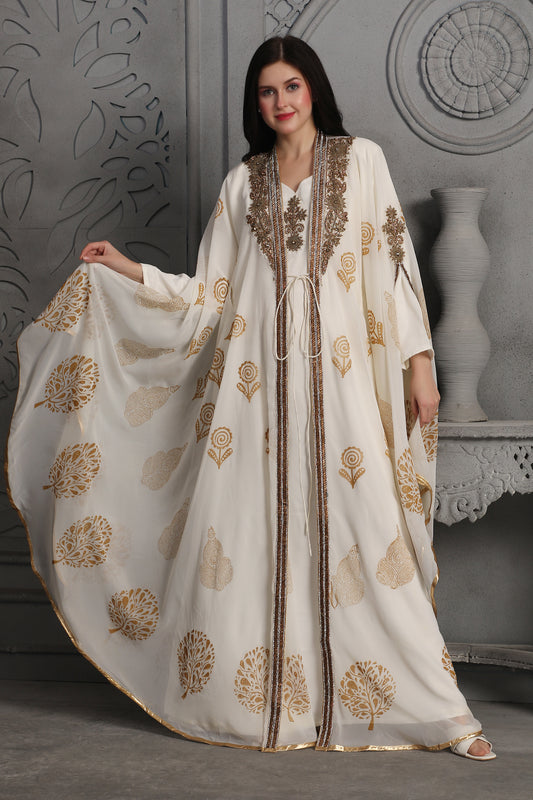 Statement Ivory Abaya with Embroidered Border & Printed Overlay