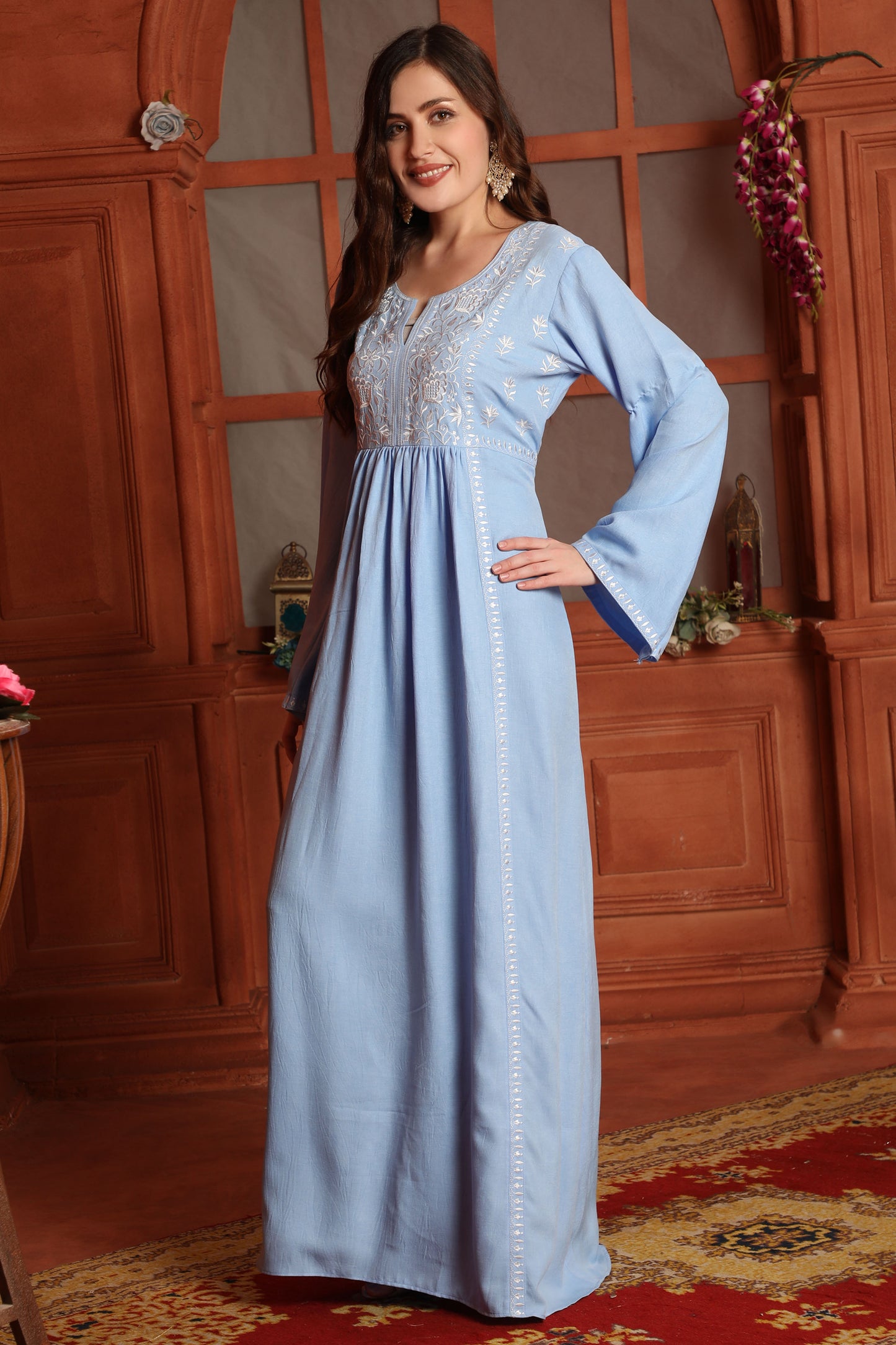 Sky Blue Embroidered Cotton Kaftan
