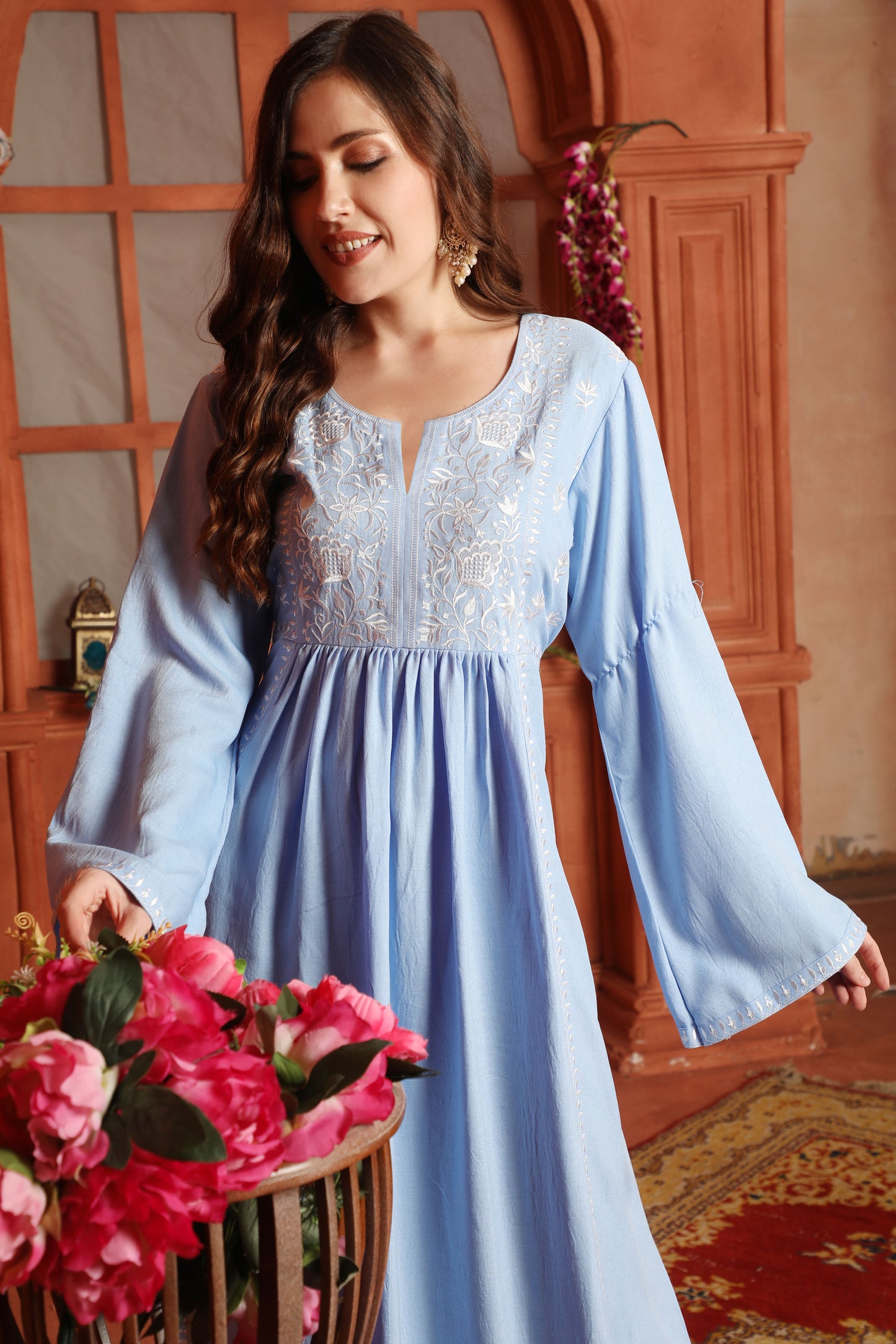 Sky Blue Embroidered Cotton Kaftan