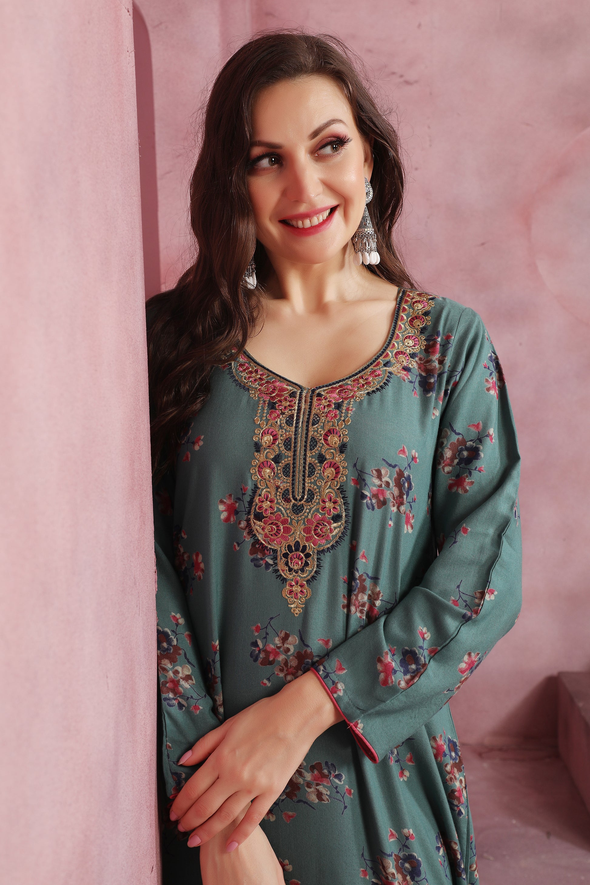 Designer Teal Blue Alpine Kaftan with Floral Print and Embroidered Neckline – Party Wear