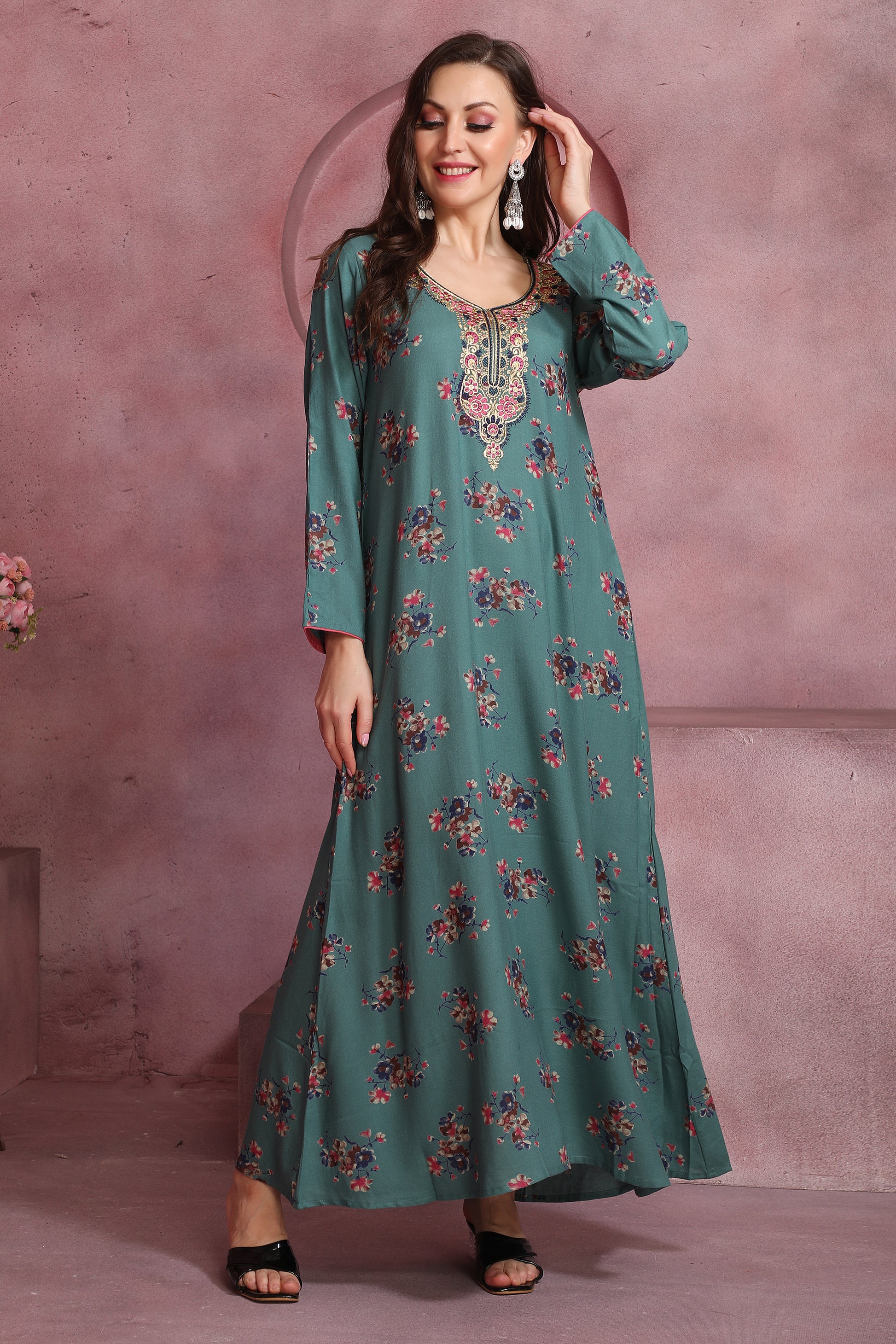 Teal Blue Alpine Floral Kaftan with Embroidered Neckline – Elegant Ethnic Dress for Women