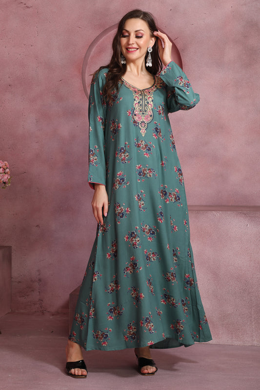 Teal Blue Alpine Floral Kaftan with Embroidered Neckline – Elegant Ethnic Dress for Women