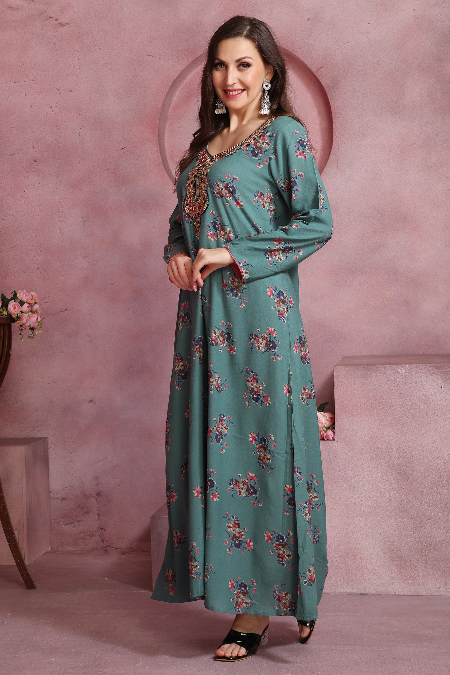 Women’s Teal Blue Floral Printed Kaftan in Alpine Fabric with Embroidered Neckline