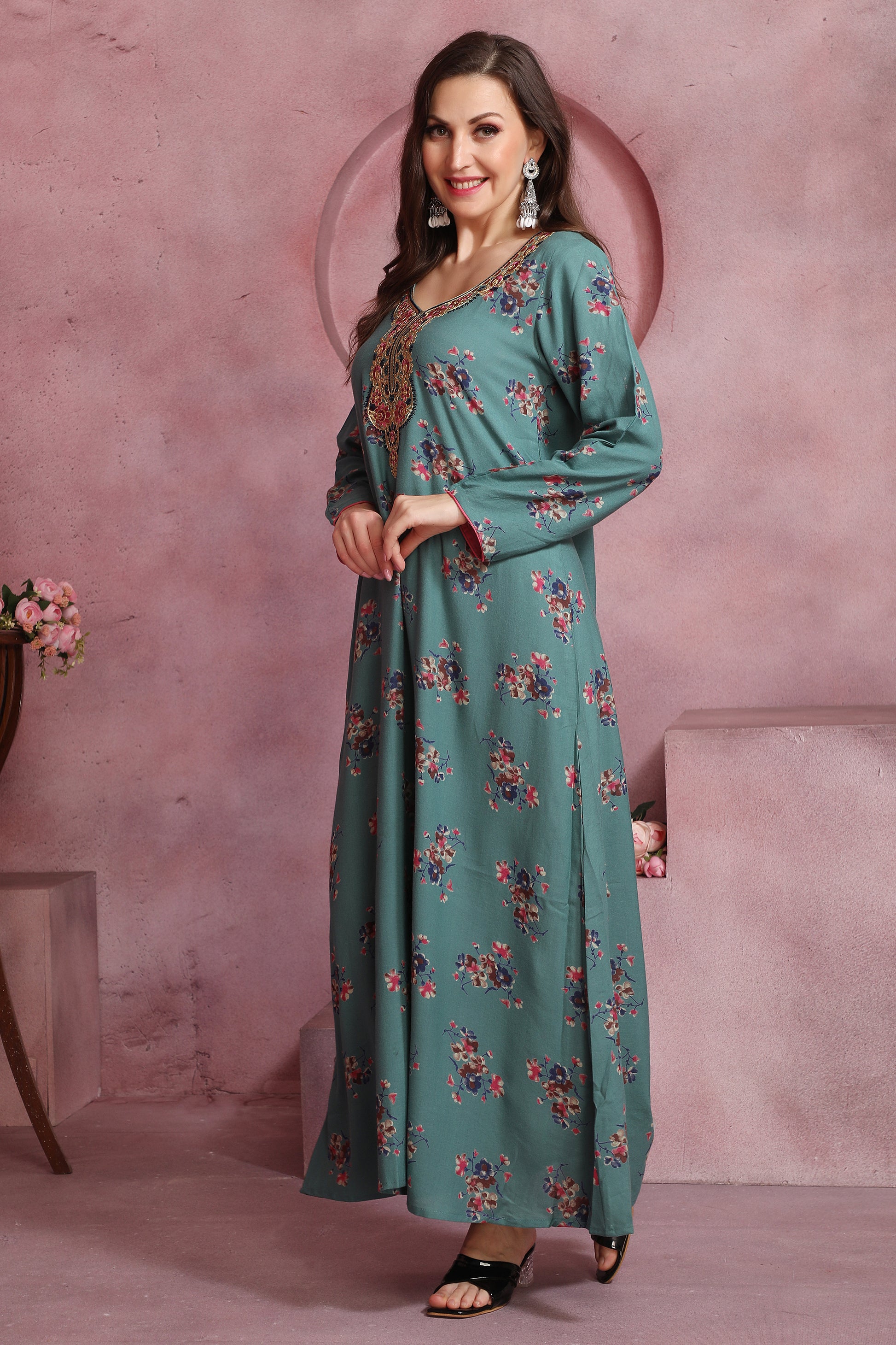 Women’s Teal Blue Floral Printed Kaftan in Alpine Fabric with Embroidered Neckline
