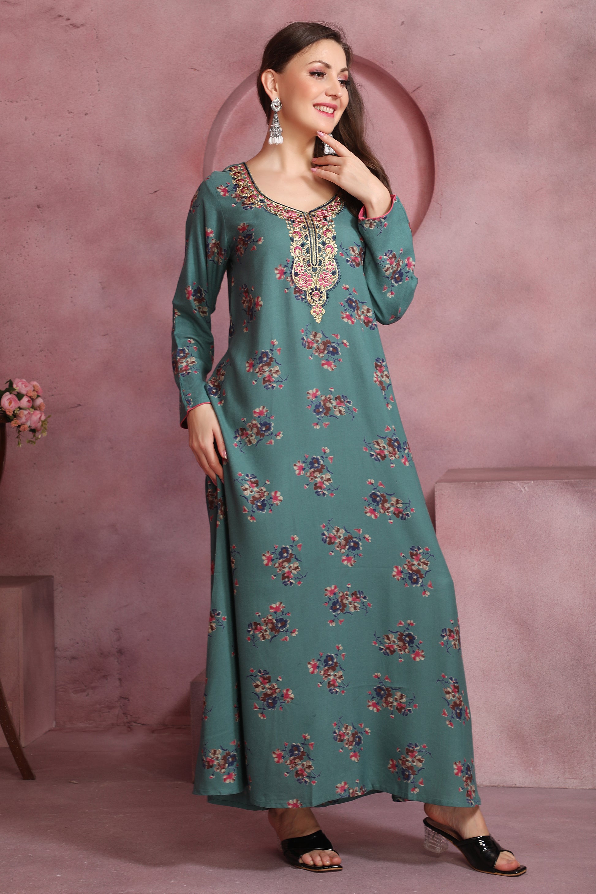Stylish Teal Blue Alpine Kaftan with Floral Design and Embroidery – Modest Outfit