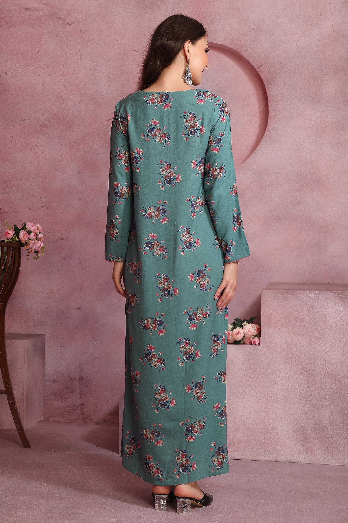 Teal Blue Alpine Fabric Kaftan with Embroidered Neckline and Floral Print – Comfortable Ethnic Wear