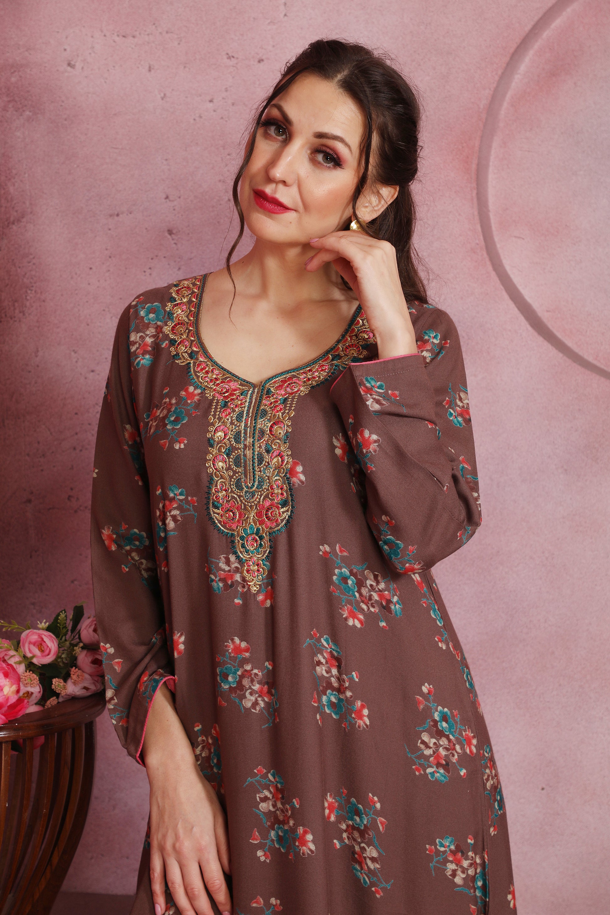 Women’s Brown Floral Printed Kaftan in Alpine Fabric with Embroidered Neckline
