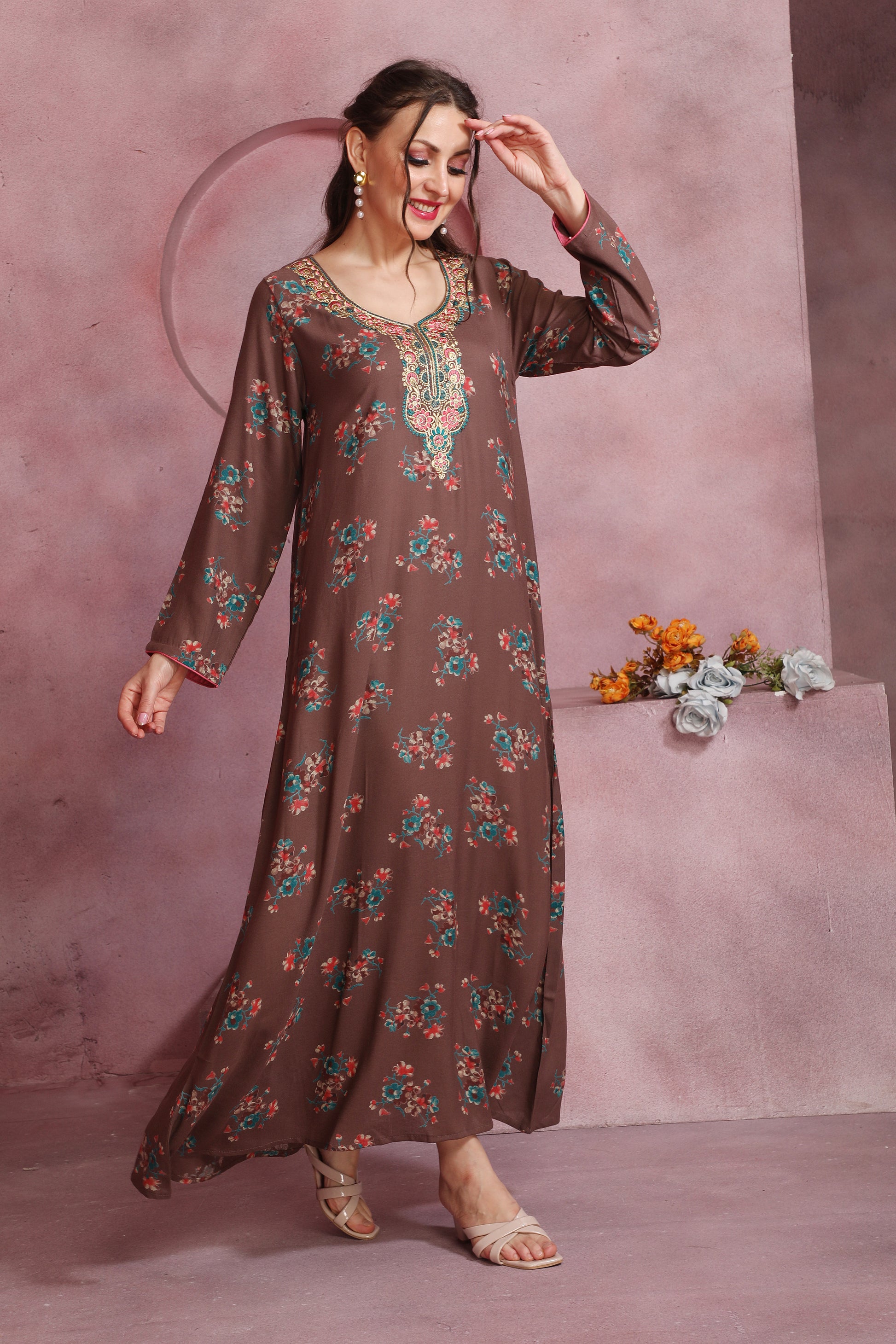 Brown Alpine Floral Kaftan with Embroidered Neckline – Elegant Ethnic Dress for Women