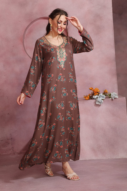 Brown Alpine Floral Kaftan with Embroidered Neckline – Elegant Ethnic Dress for Women
