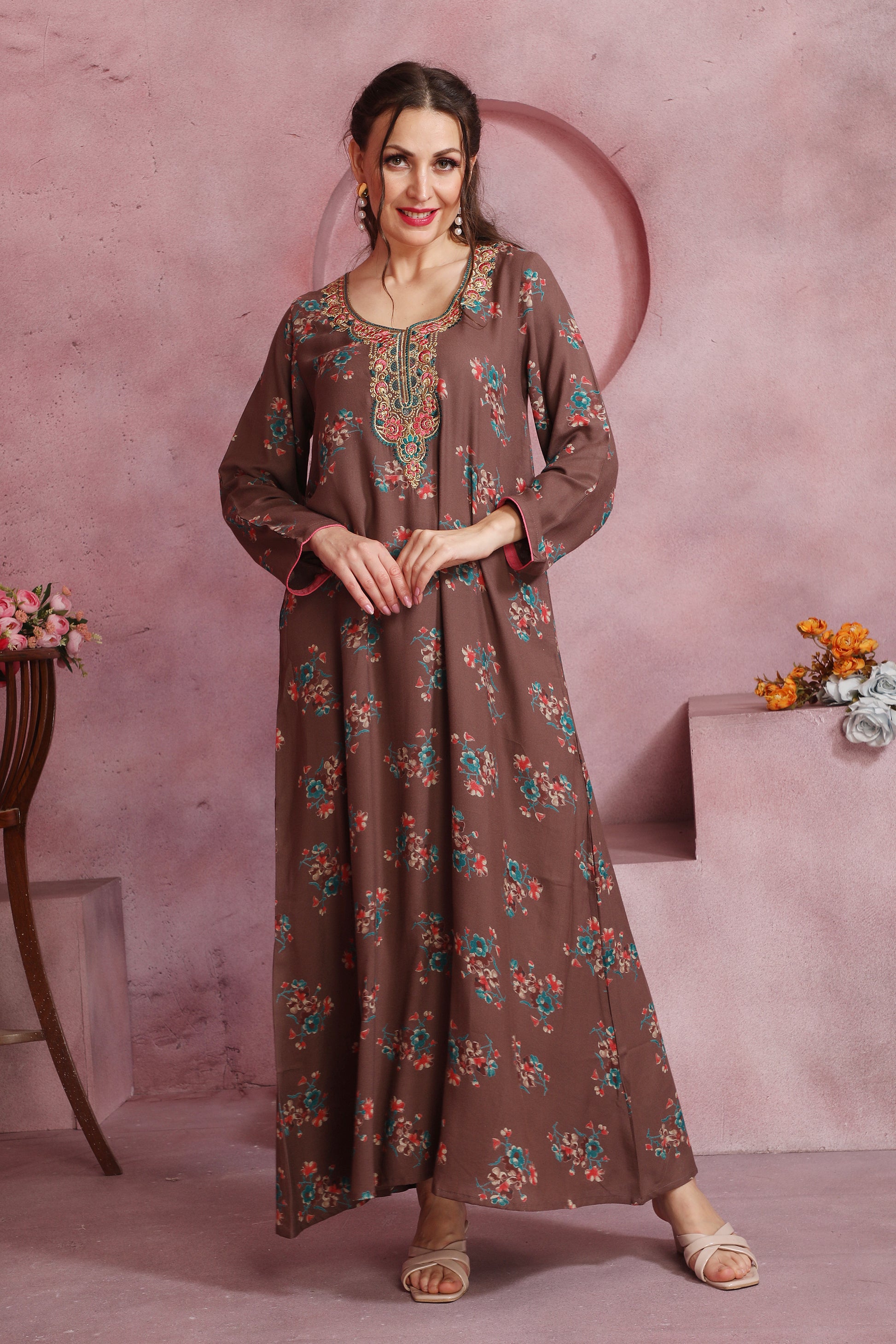 Stylish Brown Alpine Fabric Kaftan with Floral Design and Embroidery – Modest Outfit