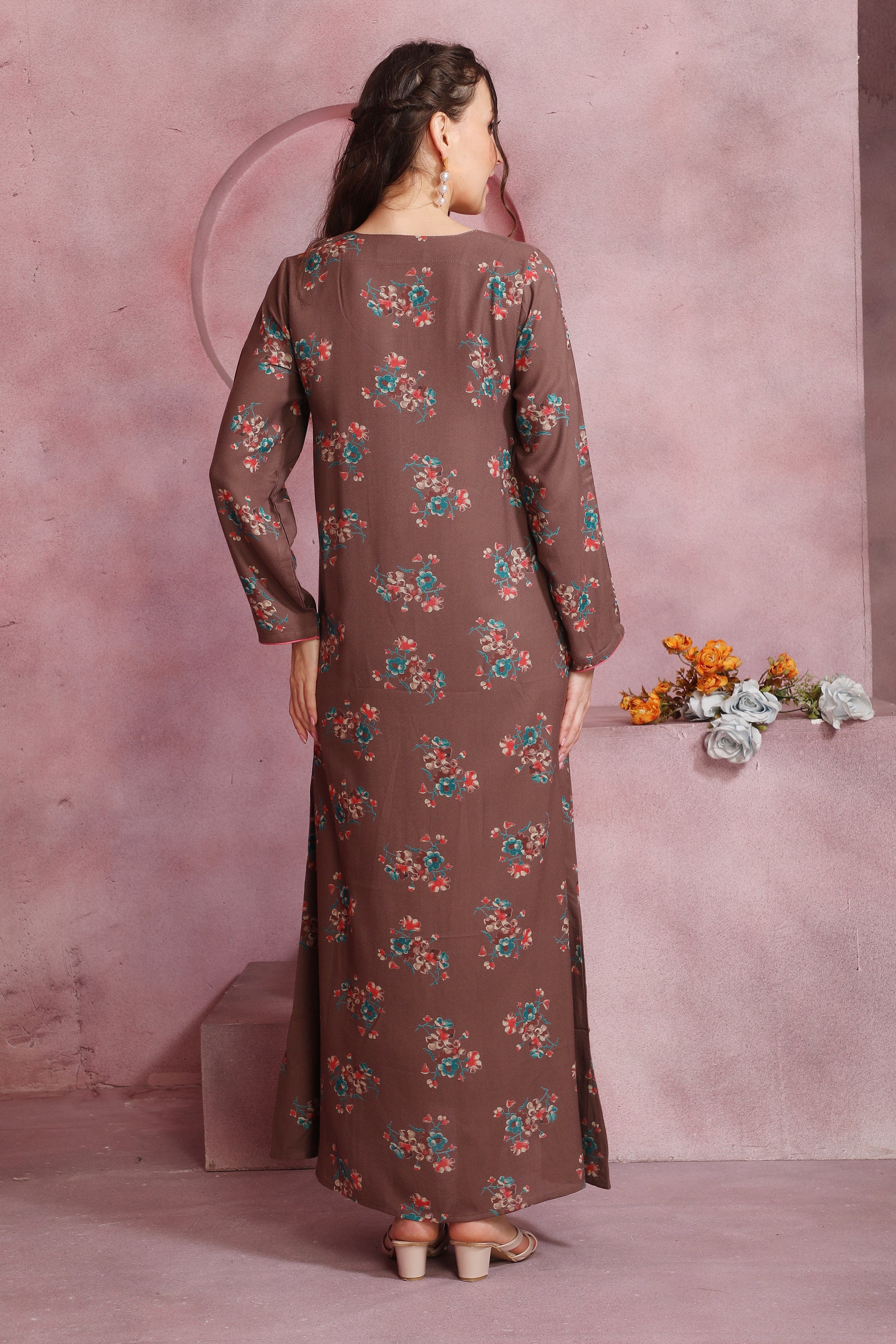 Brown Alpine Kaftan with Embroidered Neckline and Floral Print – Comfortable Ethnic Wear
