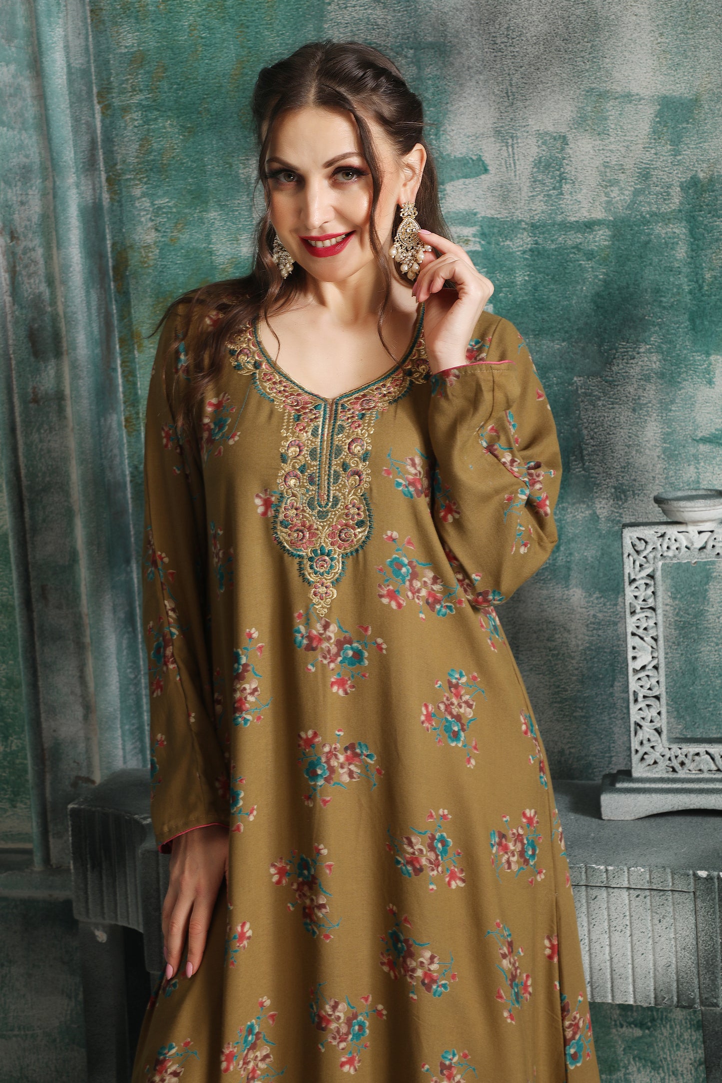 Women’s Beige Floral Printed Kaftan with Embroidery – Modest Full-Length Outfit