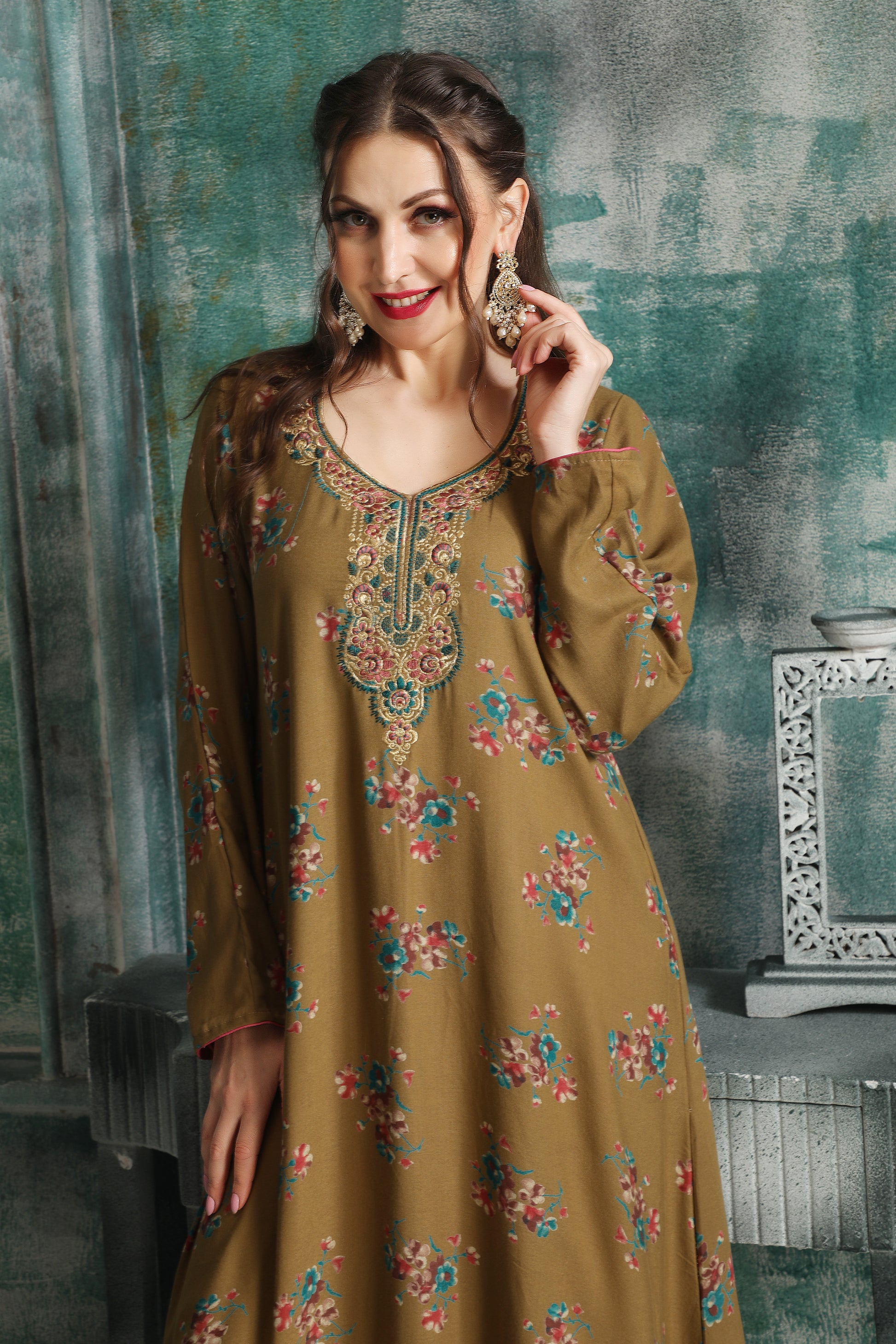 Women’s Beige Floral Printed Kaftan with Embroidery – Modest Full-Length Outfit