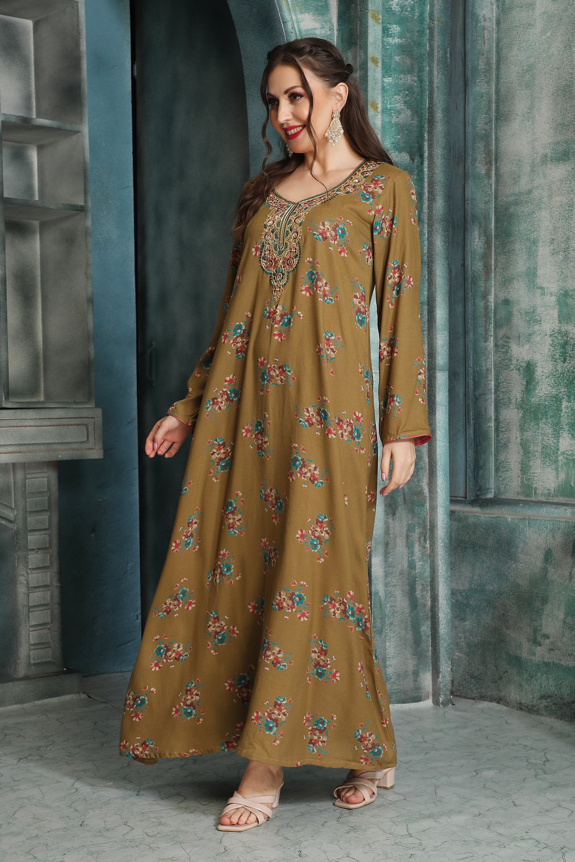 Stylish Beige Alpine Kaftan with Floral Design and Embroidered Neckline – Party Wear Dress