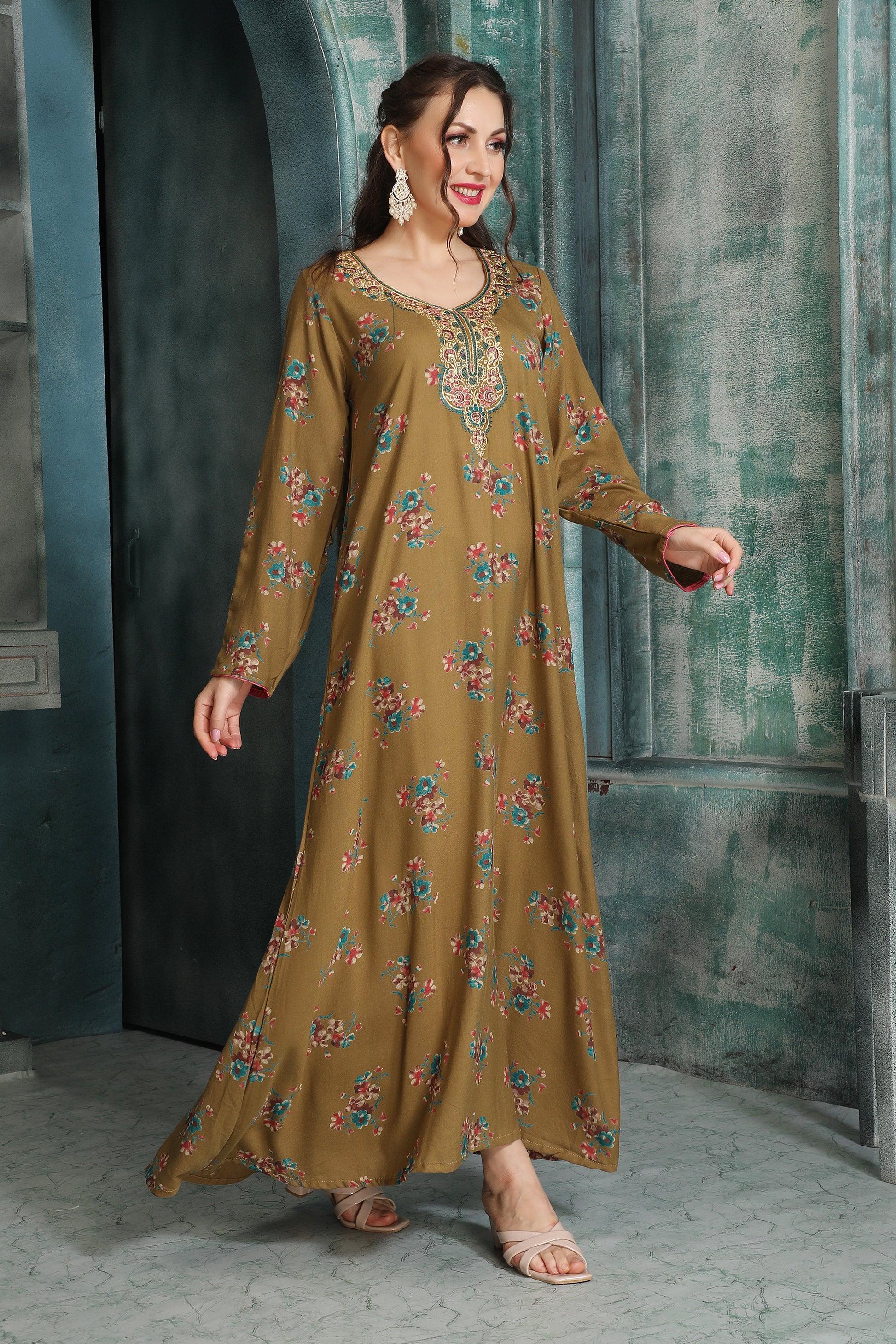 Beige Alpine Floral Kaftan with Embroidered Neckline – Elegant Ethnic Dress for Women
