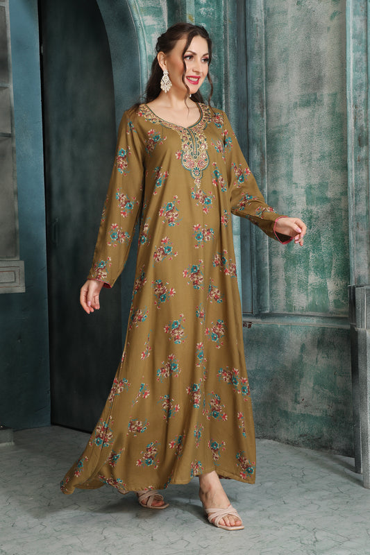 Beige Alpine Floral Kaftan with Embroidered Neckline – Elegant Ethnic Dress for Women
