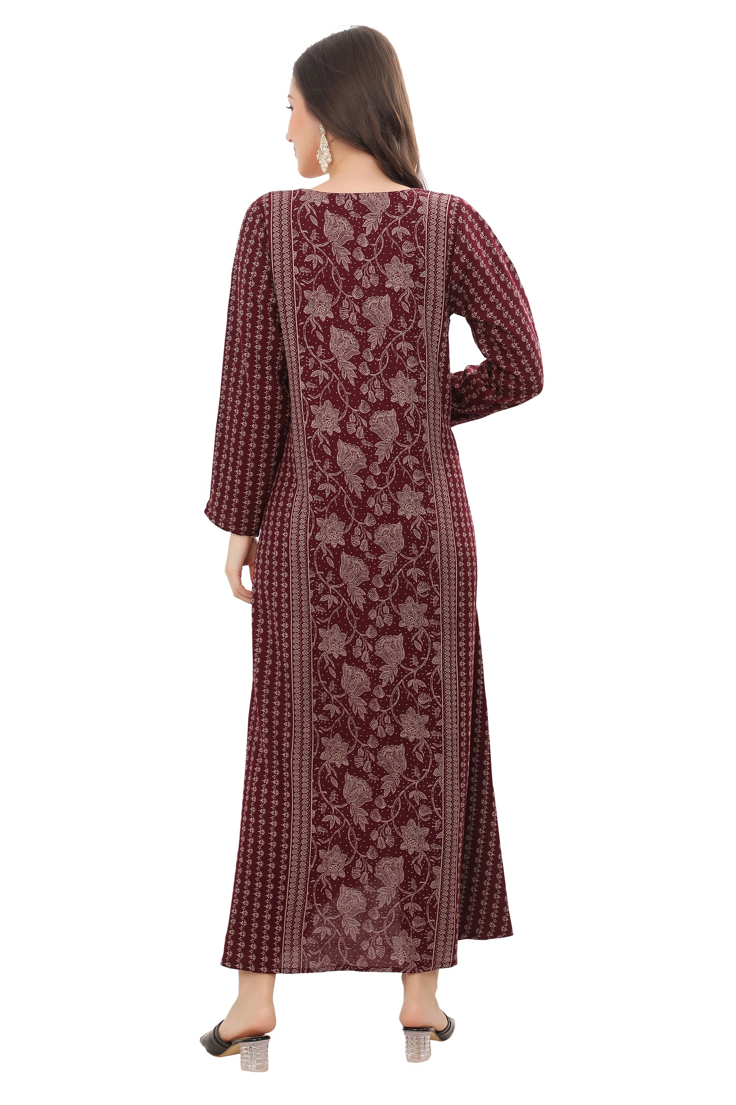Women’s Maroon Alpine Embroidered Kaftan – Modest Full-Length Ethnic Outfit