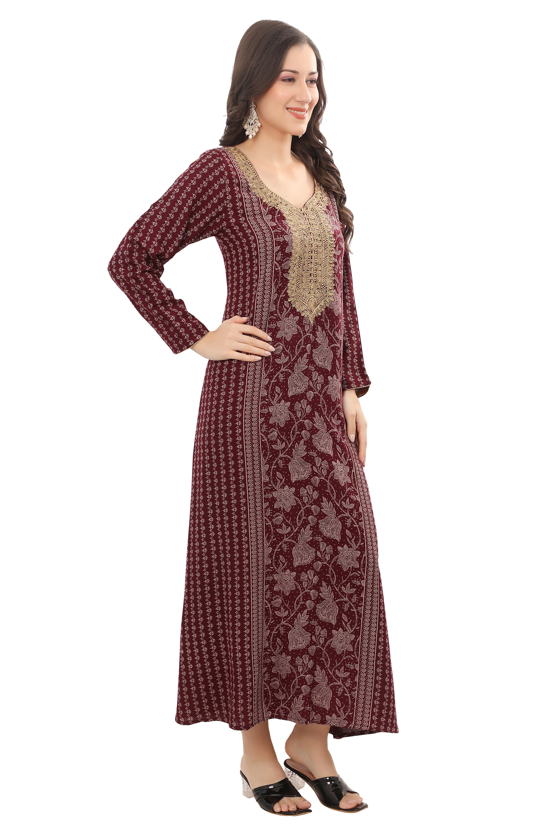 Stylish Maroon Embroidered Kaftan – Lightweight Alpine Fabric Dress for Women