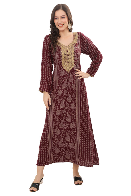 Maroon Alpine Embroidered Kaftan – Elegant Ethnic Wear Dress for Women