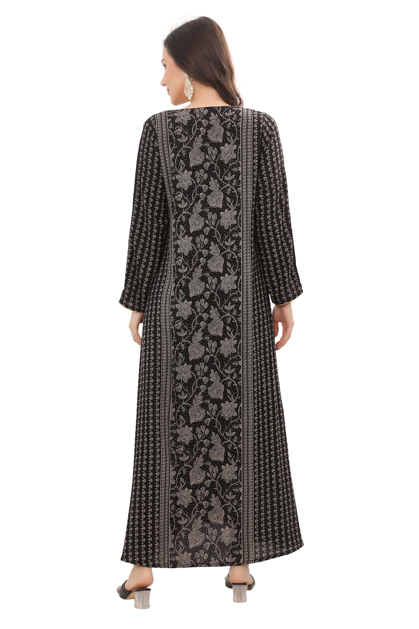 Women’s Black Alpine Embroidered Kaftan – Modest Full-Length Ethnic Outfit