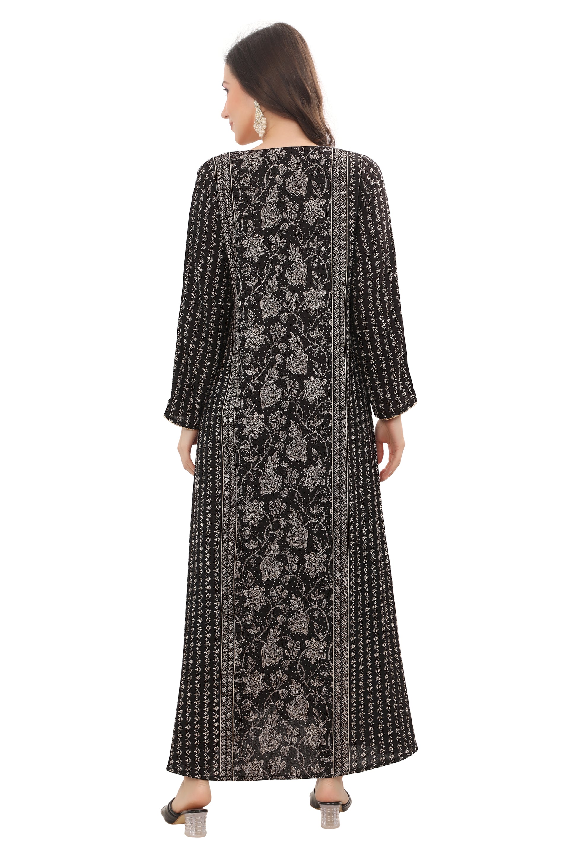 Women’s Black Alpine Embroidered Kaftan – Modest Full-Length Ethnic Outfit