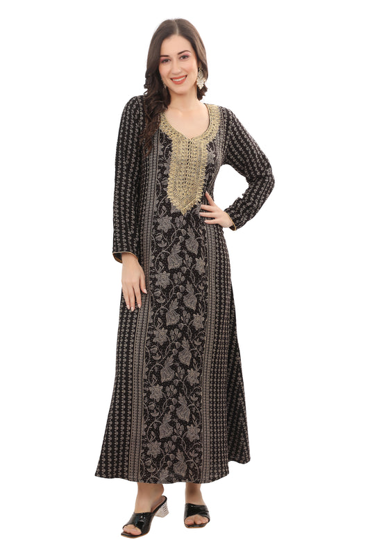 Black Alpine Embroidered Kaftan – Elegant Ethnic Wear Dress for Women
