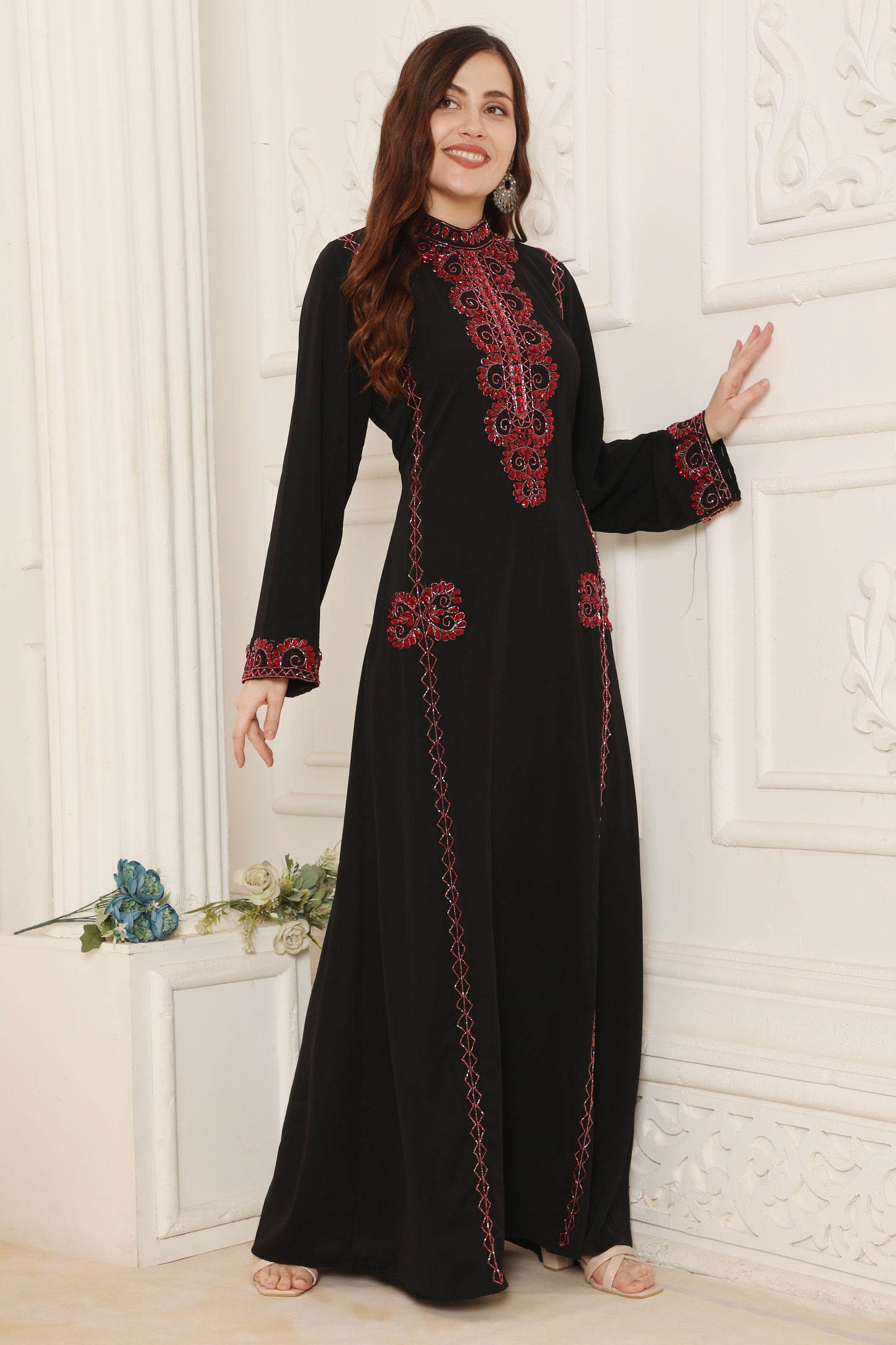 Black & Red Embroidered Kaftan