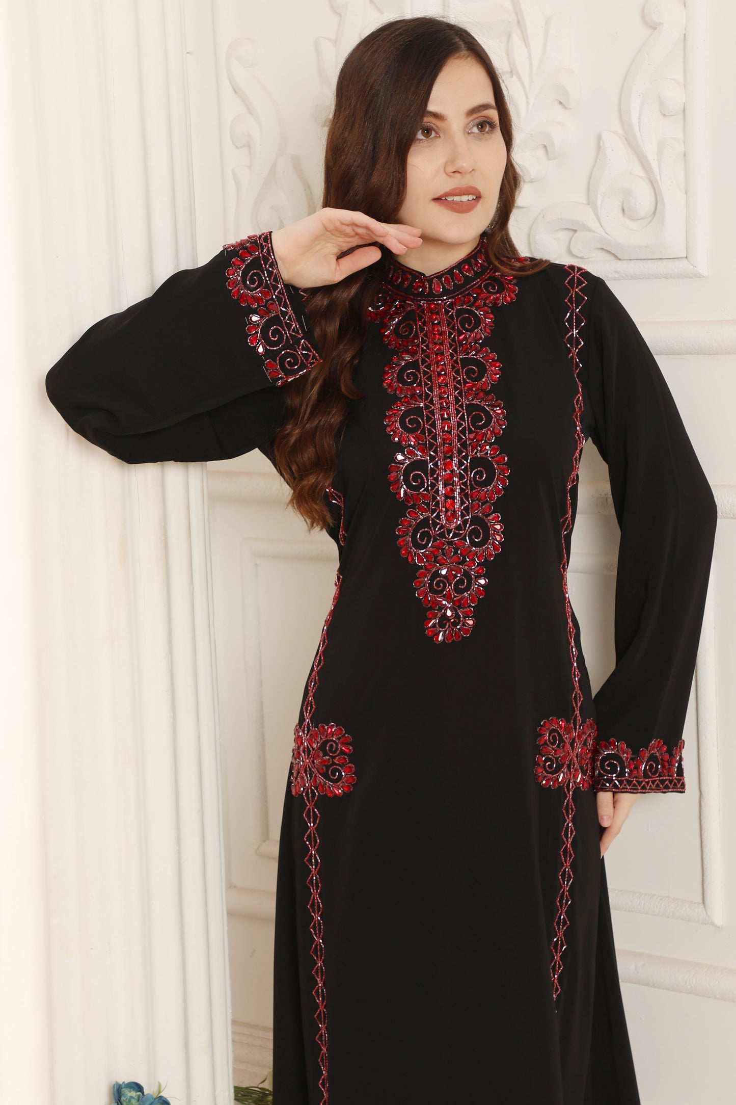Black & Red Embroidered Kaftan