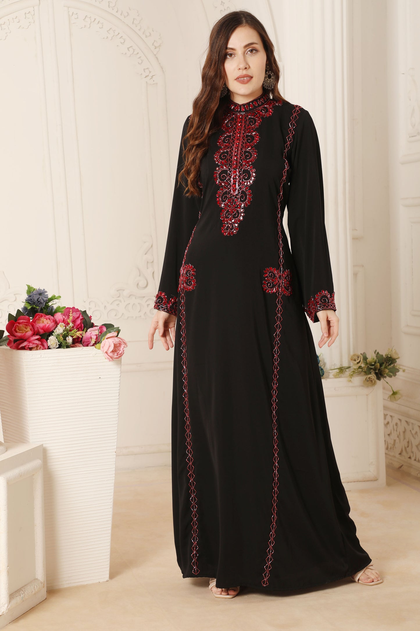 Black & Red Embroidered Kaftan