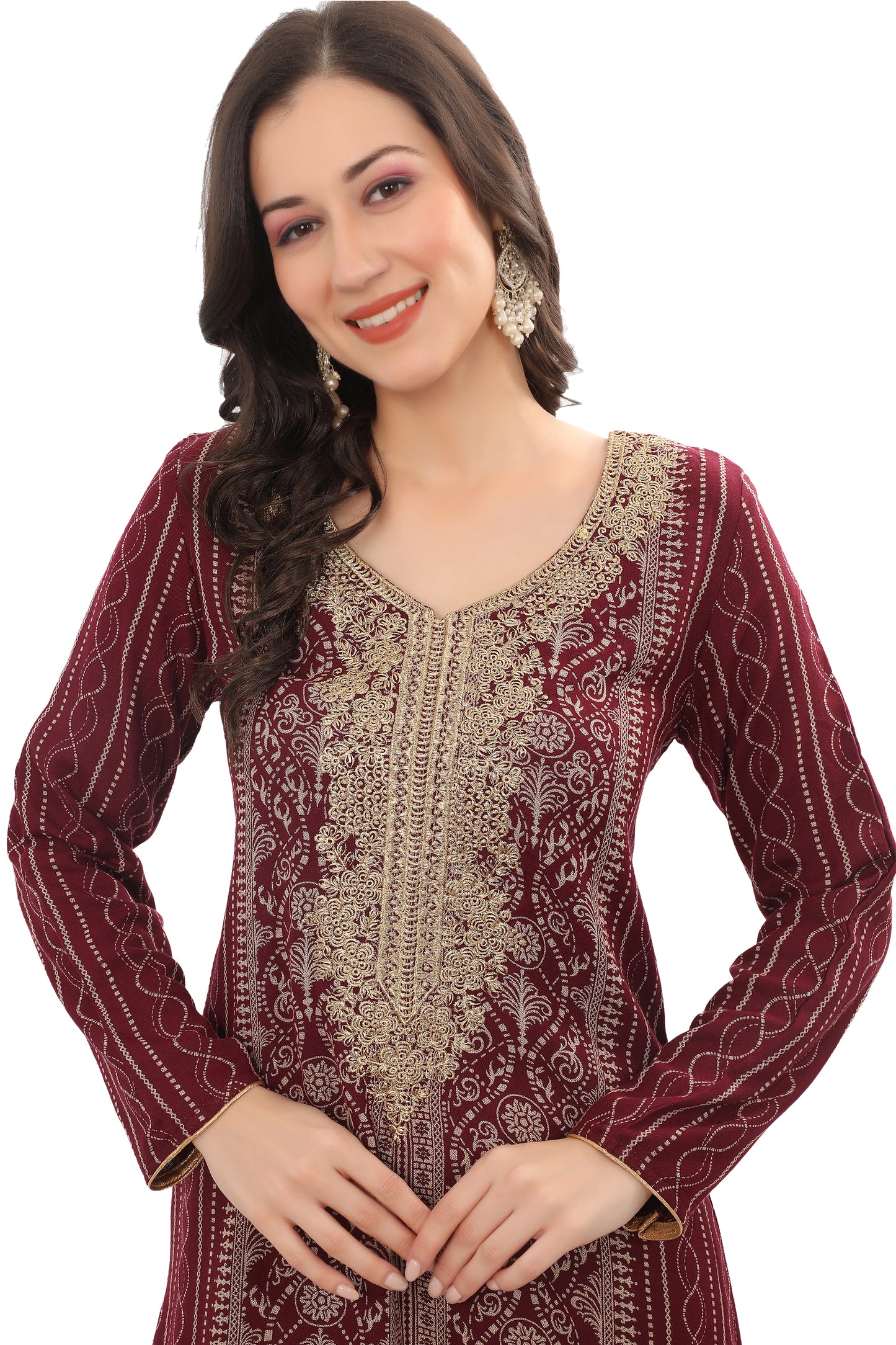 Designer Maroon Kaftan in Alpine Fabric with Intricate Embroidery – Party Wear