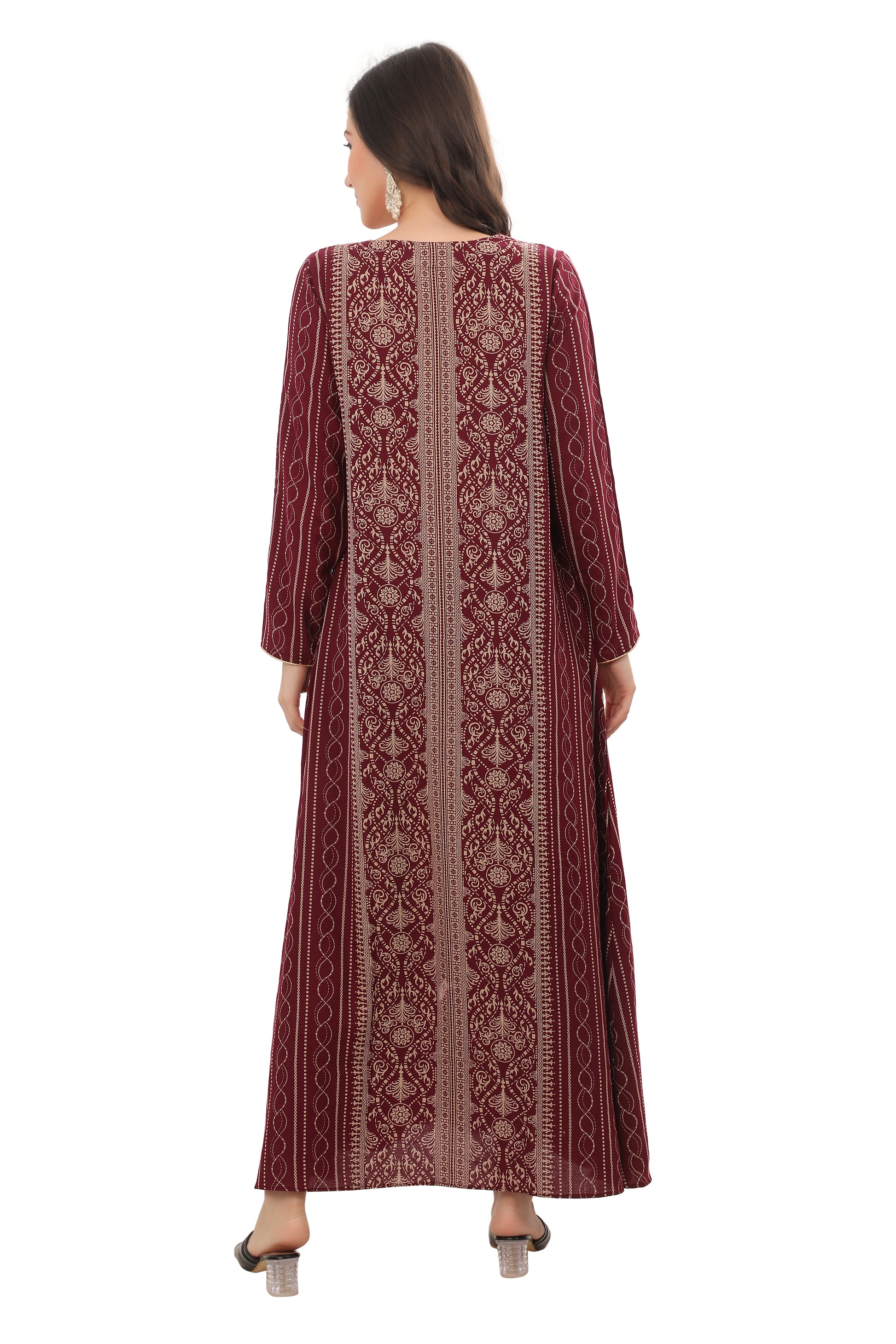 Women’s Maroon Alpine Embroidered Kaftan – Modest Full-Length Ethnic Outfit