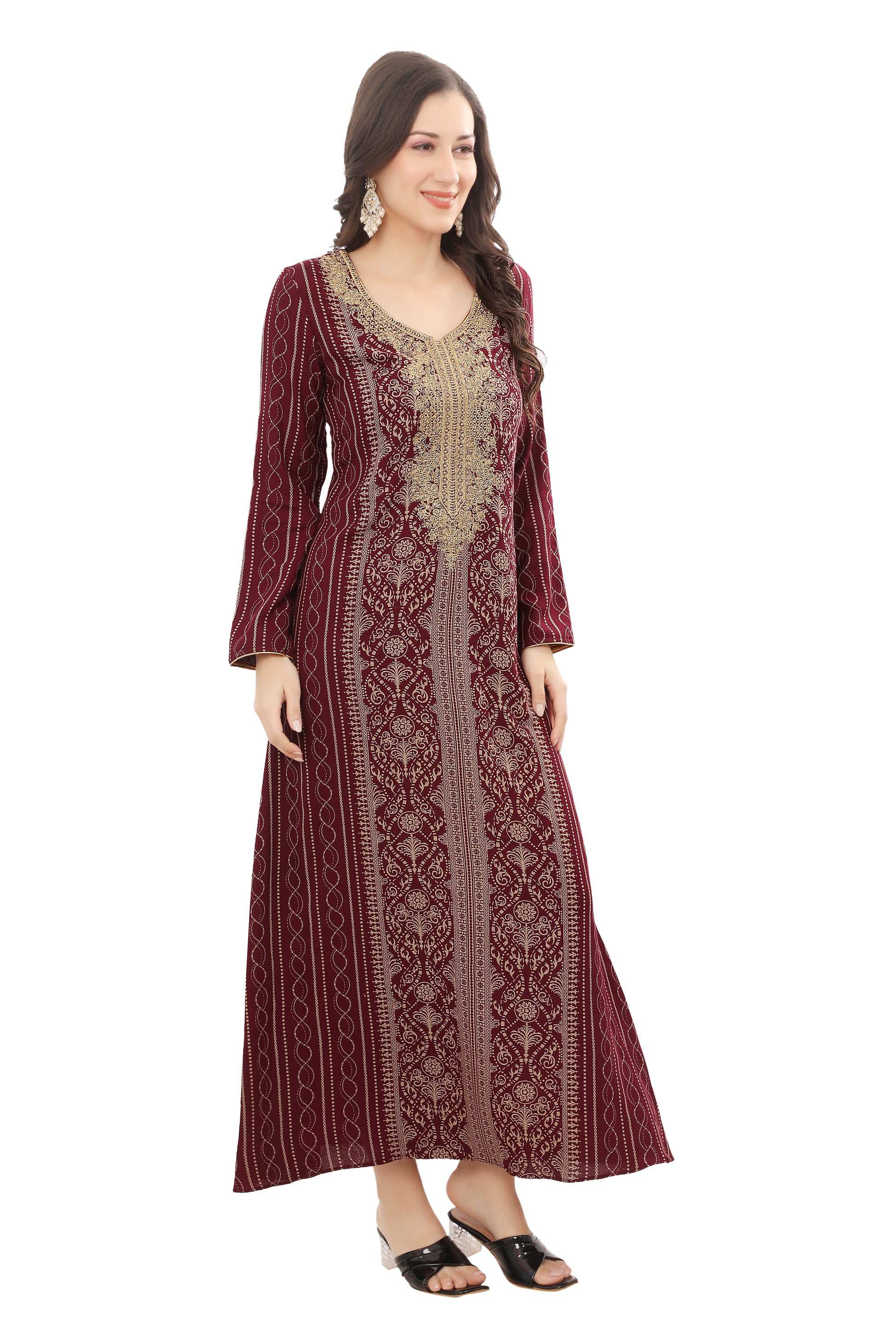 Maroon Alpine Embroidered Kaftan – Elegant Ethnic Wear Dress for Women