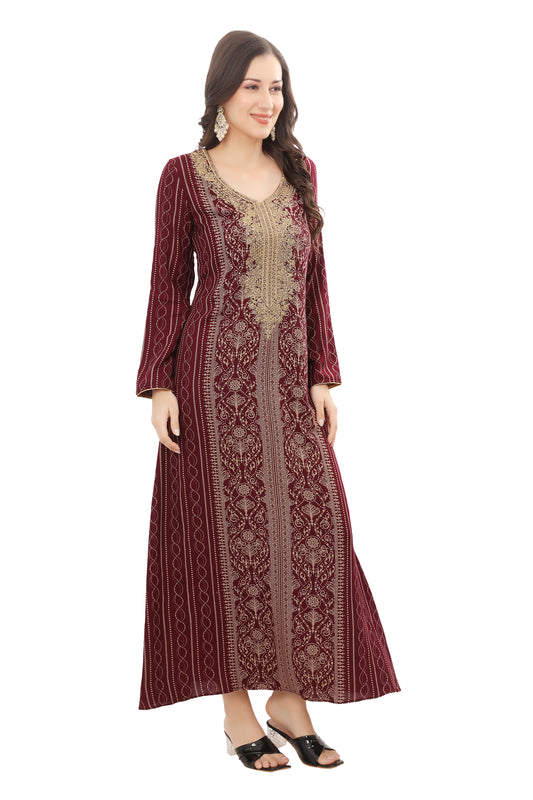 Maroon Alpine Embroidered Kaftan – Elegant Ethnic Wear Dress for Women