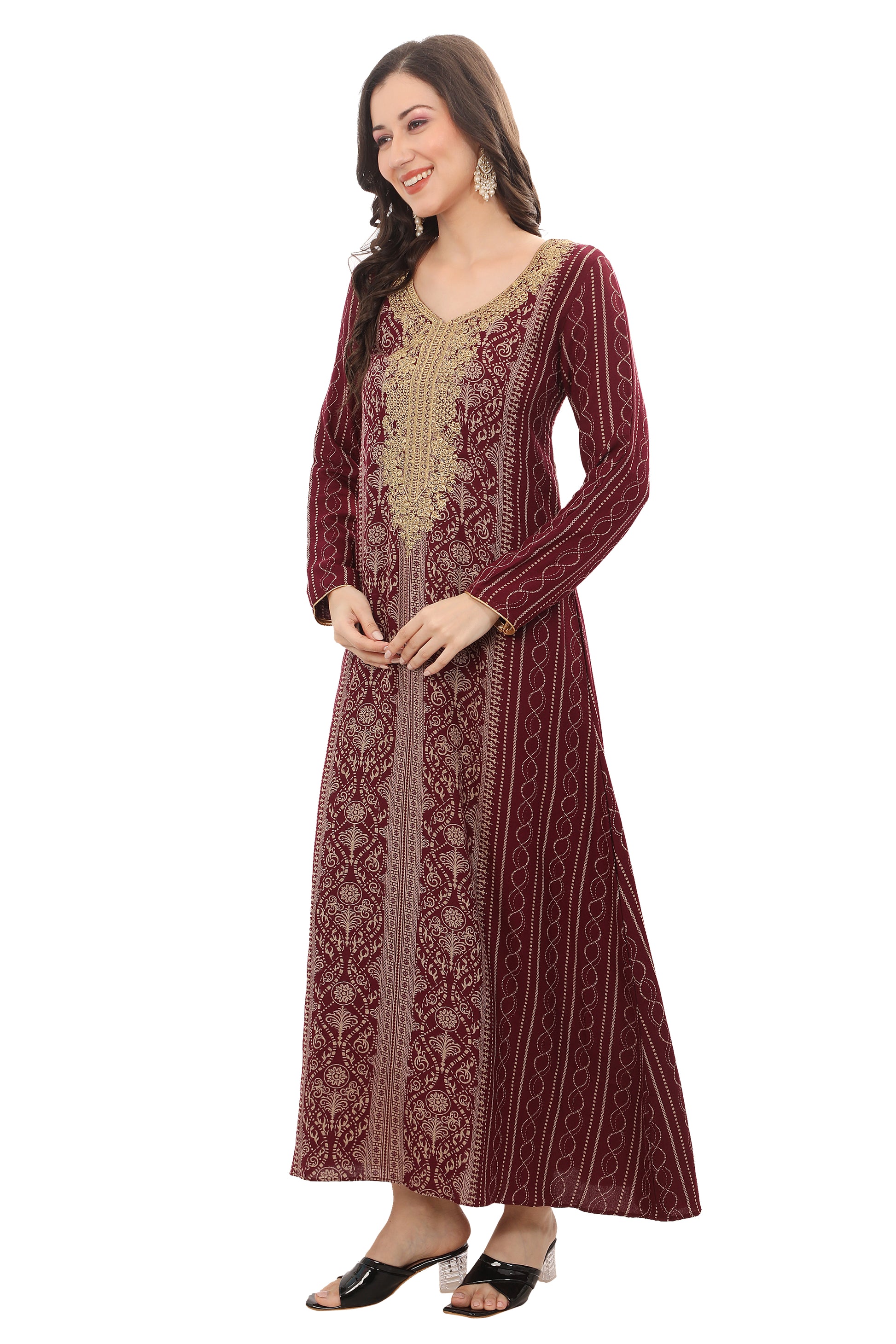 Stylish Maroon Embroidered Kaftan – Lightweight Alpine Fabric Dress for Women