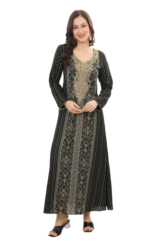 Bottle Green Alpine Embroidered Kaftan – Elegant Ethnic Wear Dress for Women