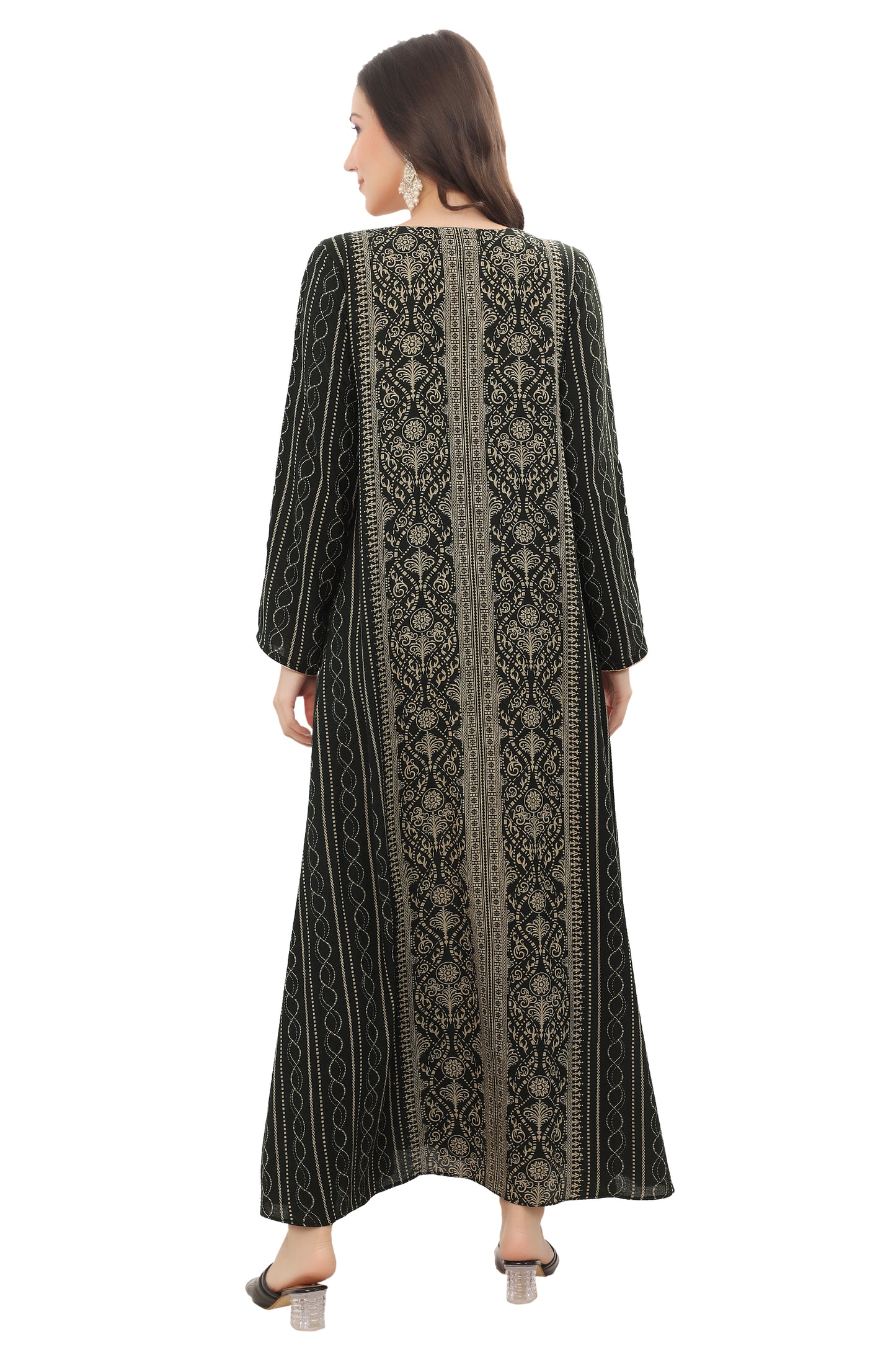 Women’s Bottle Green Alpine Embroidered Kaftan – Modest Full-Length Ethnic Dress