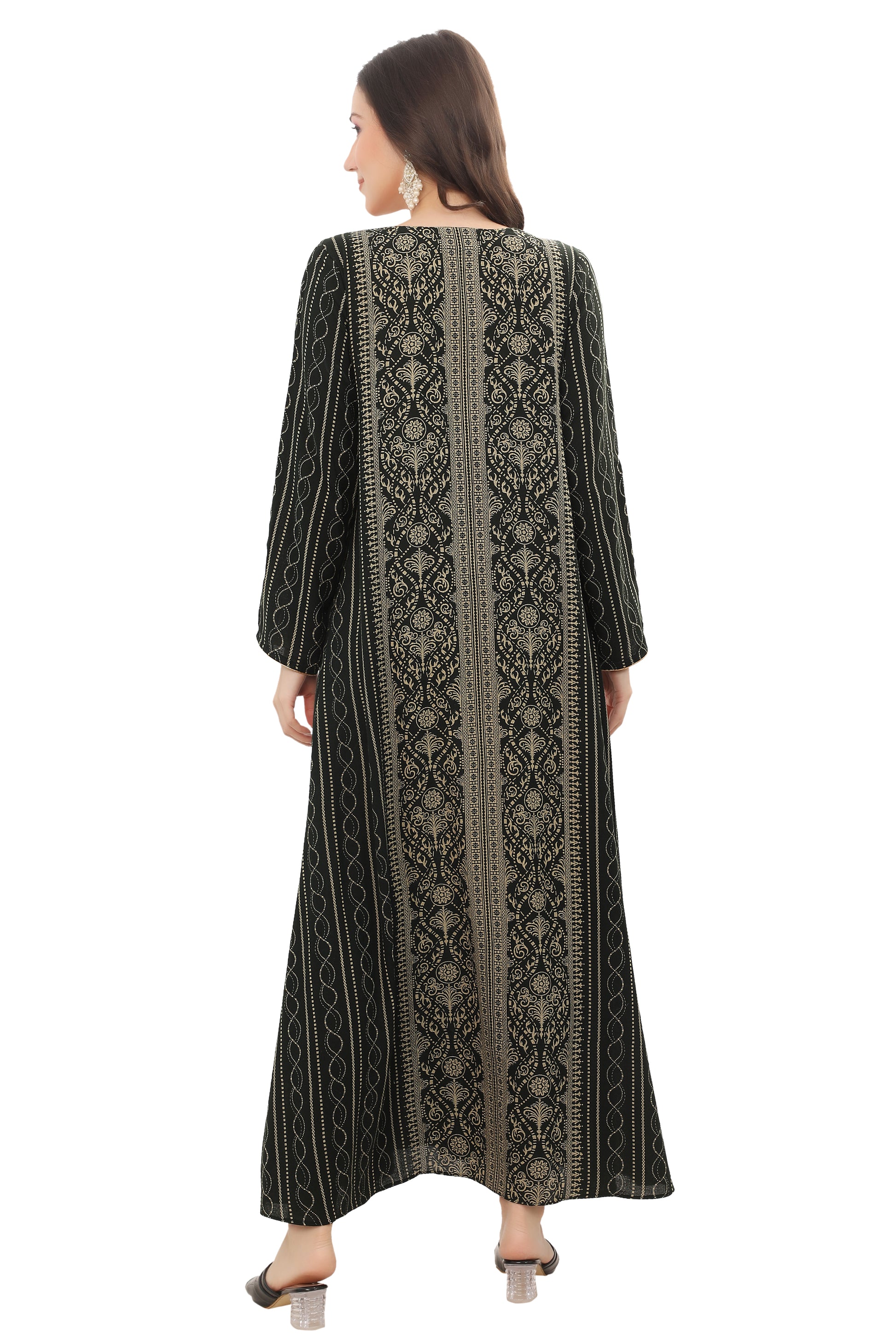 Women’s Bottle Green Alpine Embroidered Kaftan – Modest Full-Length Ethnic Dress
