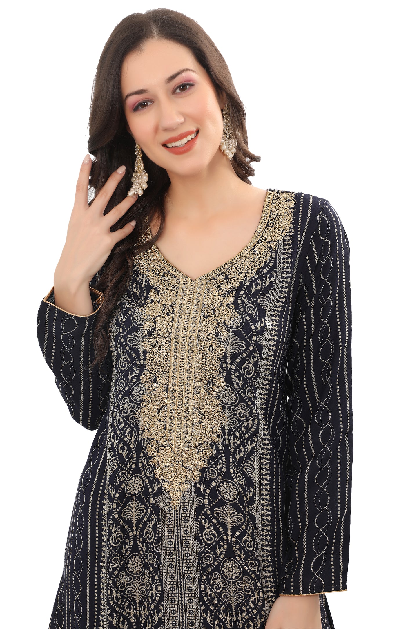Designer Navy Blue Kaftan in Alpine Fabric with Intricate Embroidery – Party Wear