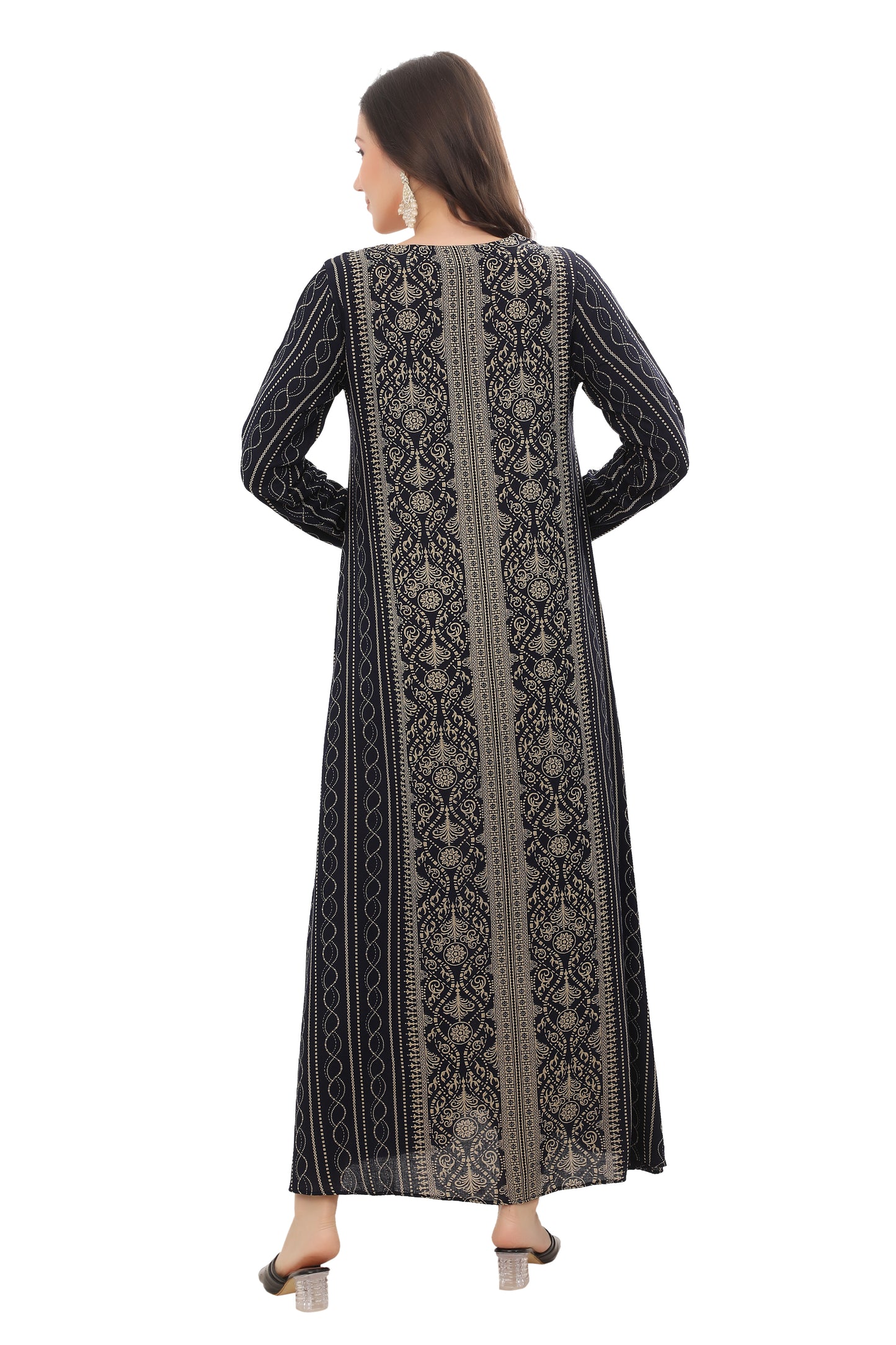 Women’s Navy Blue Alpine Embroidered Kaftan – Modest Full-Length Ethnic Outfit