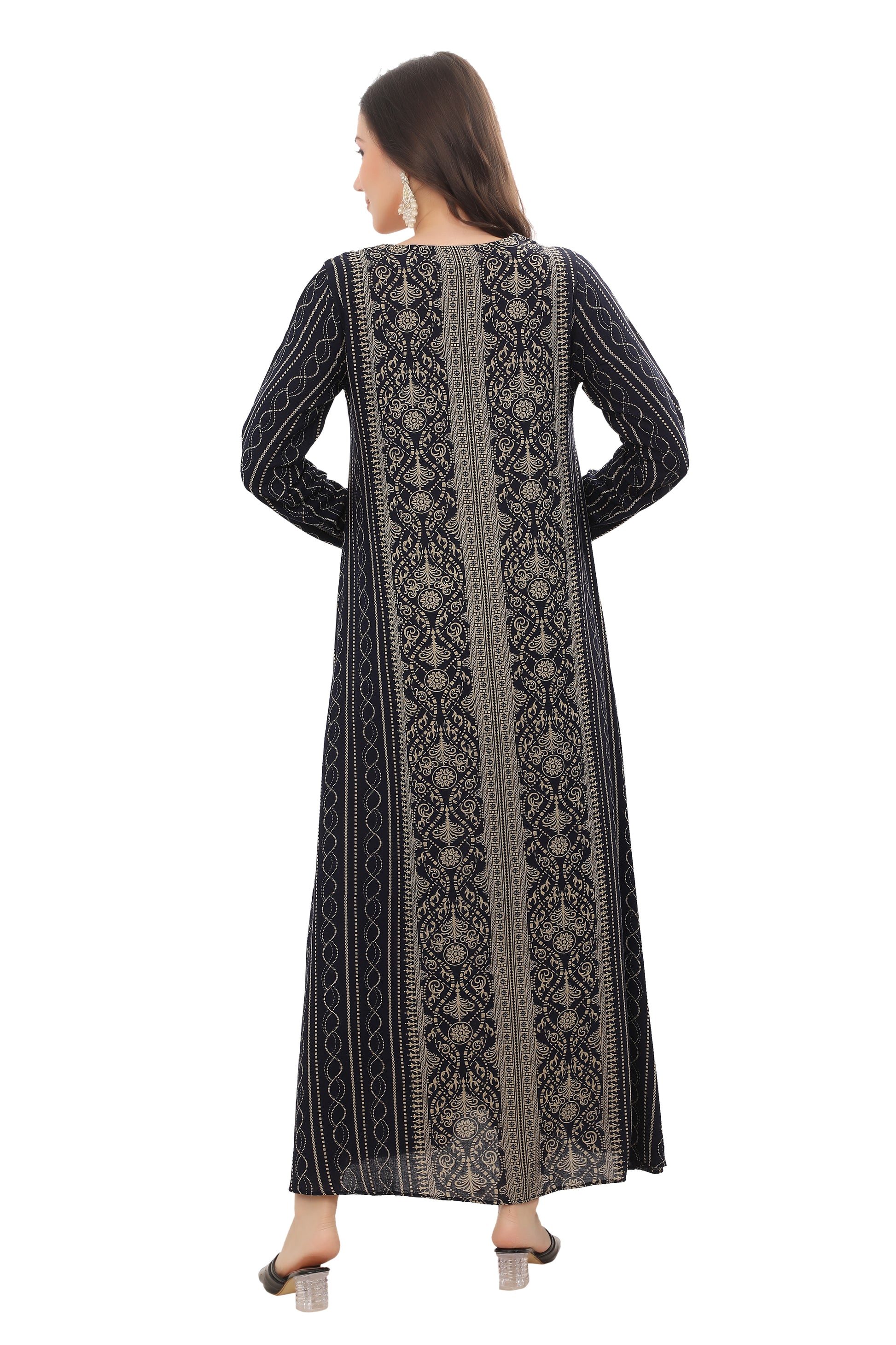 Women’s Navy Blue Alpine Embroidered Kaftan – Modest Full-Length Ethnic Outfit