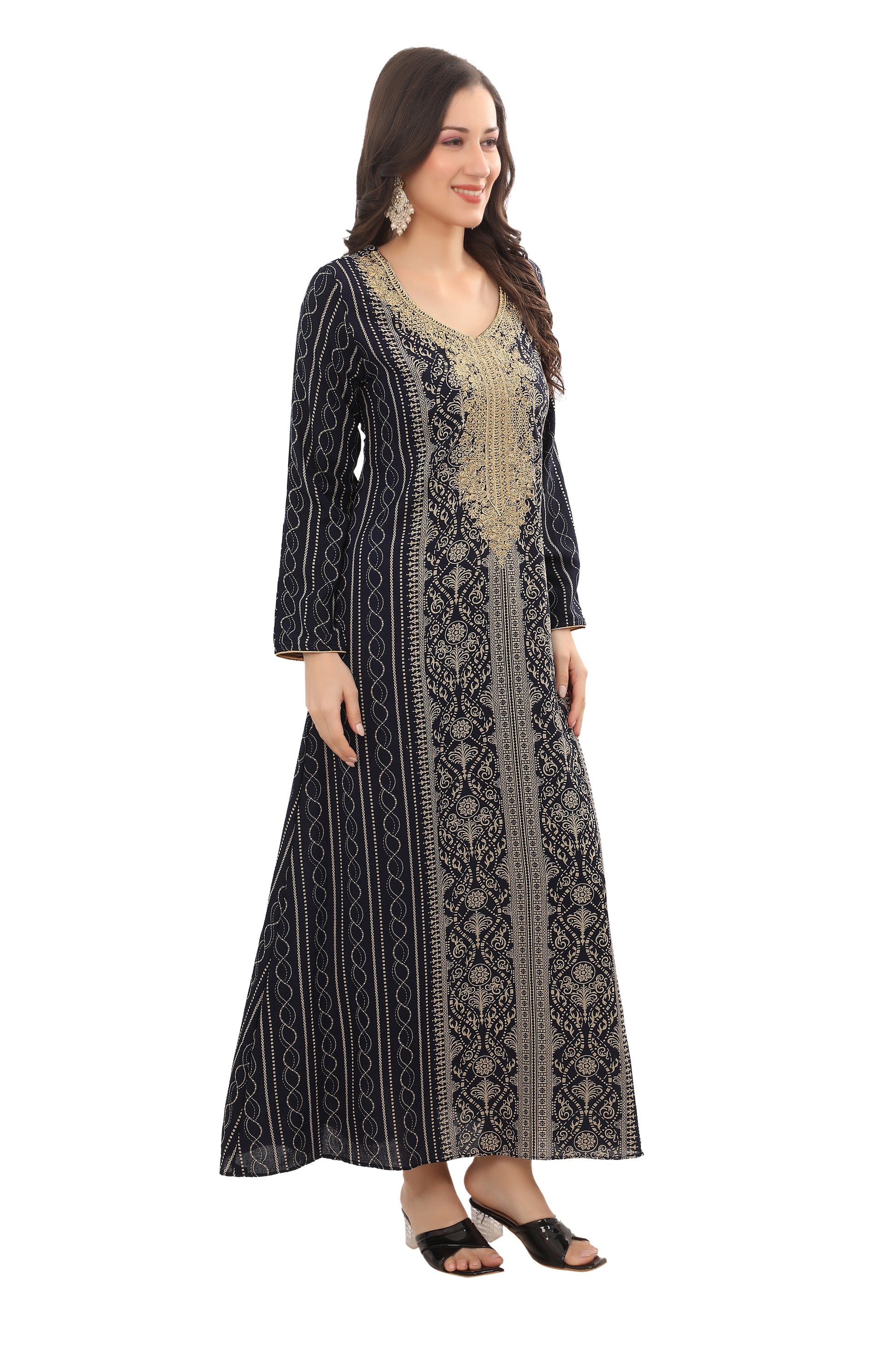 Stylish Navy Blue Embroidered Kaftan – Lightweight Alpine Fabric Dress for Women