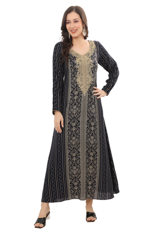 Navy Blue Alpine Embroidered Kaftan – Elegant Ethnic Wear Dress for Women