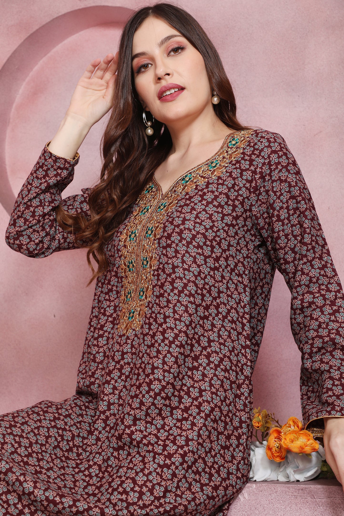 Women’s Burgundy Floral Printed Kaftan with Embroidery – Modest Full-Length Outfit